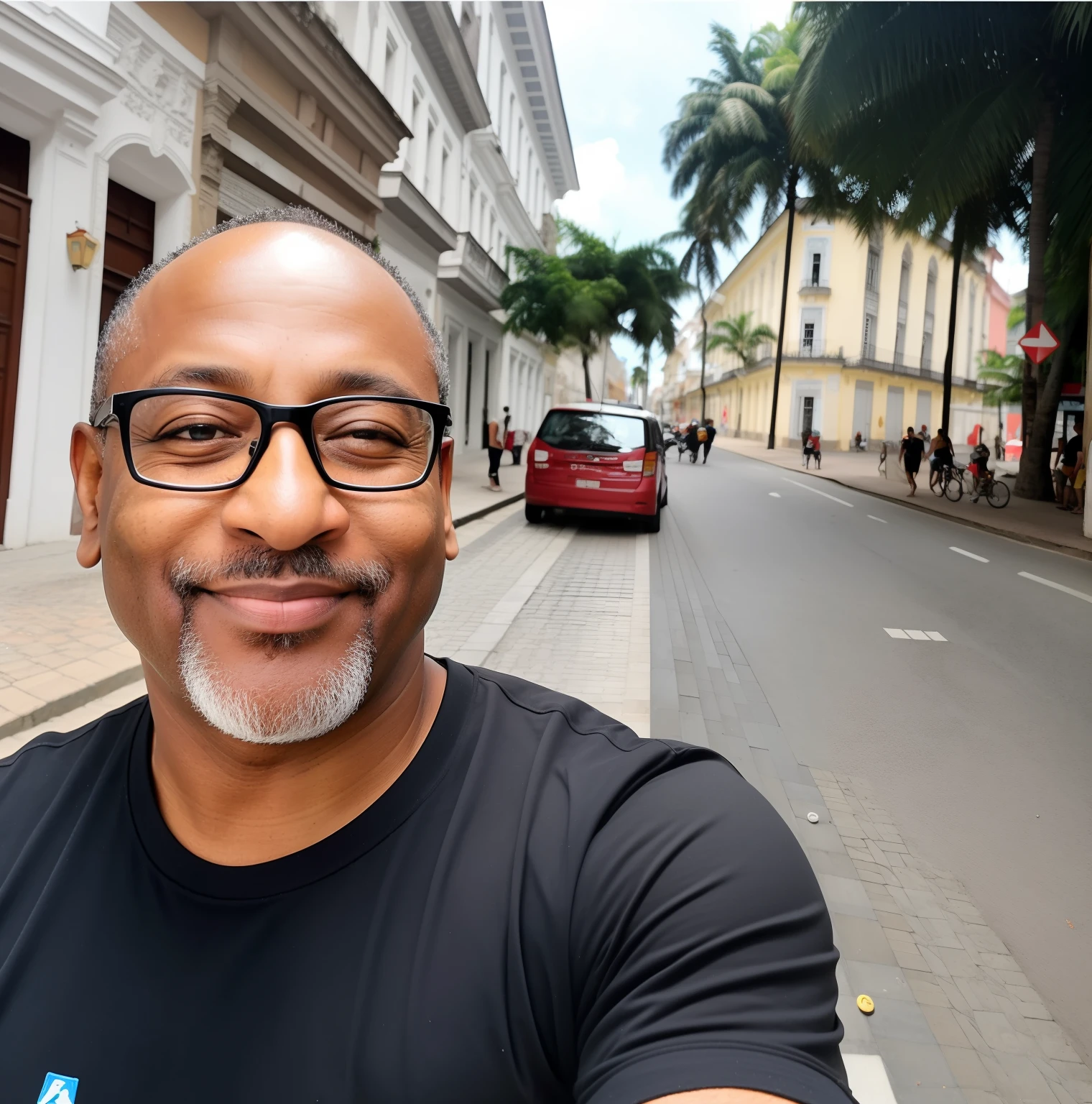 there is a man, pele clara, camiseta preta, tirando uma selfie em uma esquina, standing in a city center, Ruas de Recife, Old buildings in the background, rus do Bom Jeusus.