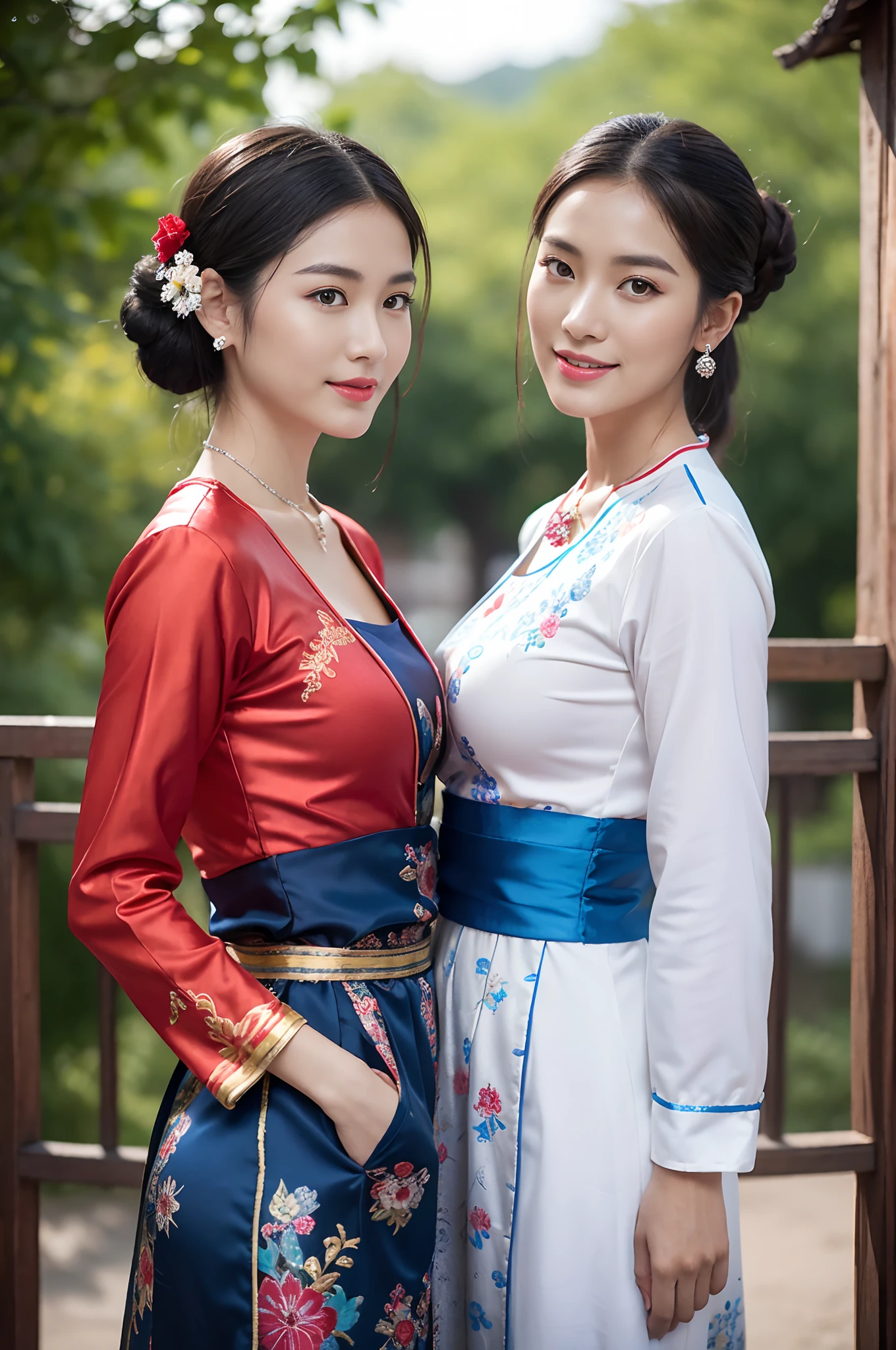 （8K分辨率，Vista full body photo），（closeup portrait of two women,Detailed Face, front view, Look at the camera,duo,stroking,leering:1.4,20yr old,delicate face，详细的脸，Redlip，Fair smooth skin，（Classic Hmong costume：1.4，（Satin fabric with flowers，The cuffs are multi-colored horizontal strips，Cardigans，Short waist long version），Silver products，Silver necklace，silver hair clip，hair-bun），（pleatedskirt，（Hmong embroidery、batik）），耳Nipple Ring，bangle，Tall and tall，Posture of conversation，perfect hand，Ultra-fine clothing material），（Traditional Xijiang Miao village，Festive party night background in cottage，Exquisite environmental details），（exhilarated，confident smile，Rejoice），（profesional lighting，动态照明），（（The colors are more balanced，（black in color，blue colors，red colour））），（Golden section，Cinema lenses，Hasselblad photograp，tmasterpiece：1.3），（Miaozhai idol，Focus on the field，trendsetting，Folklore artist，Art platform）