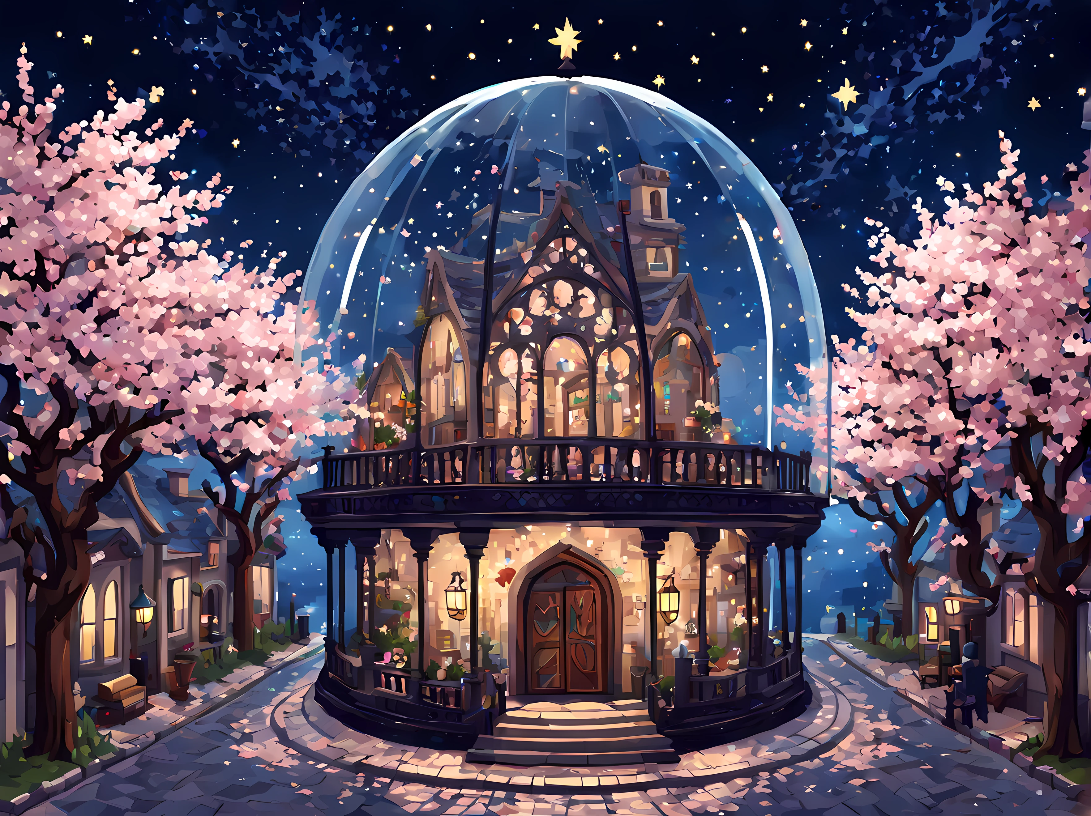 Cute Cartoon, CuteCartoonAF, (((under a long glass dome))), (isometric style:1.3), (pixel art:1.3), medieval ((street)) with cherry blossom trees, ((breathtaking starry night)), ((frame with rich gothic ornate))