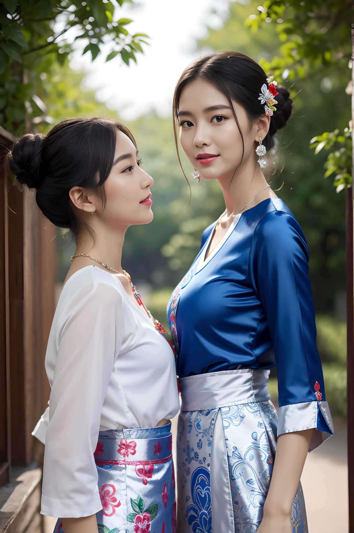 a couple of lesbians sitting together,leering:1.4,Taoist,single hair bun,(An ancient Chinese hairstick on her head:1.5),Use mahogany hairpins,(Revealing a translucent cheongsam),(Urzang-6500-V1.3,PureFace_V1,Octane rendering),Elegant Pose,xxmix girl woman,Perfect composition golden ratio,The proportions are the same for all races, All faces and pictures must be different, use all spectre of your different emotions from happiness to anger, Masterpiece, Best quality, 4K, Sharp focus. better hands, Perfect anatomy.