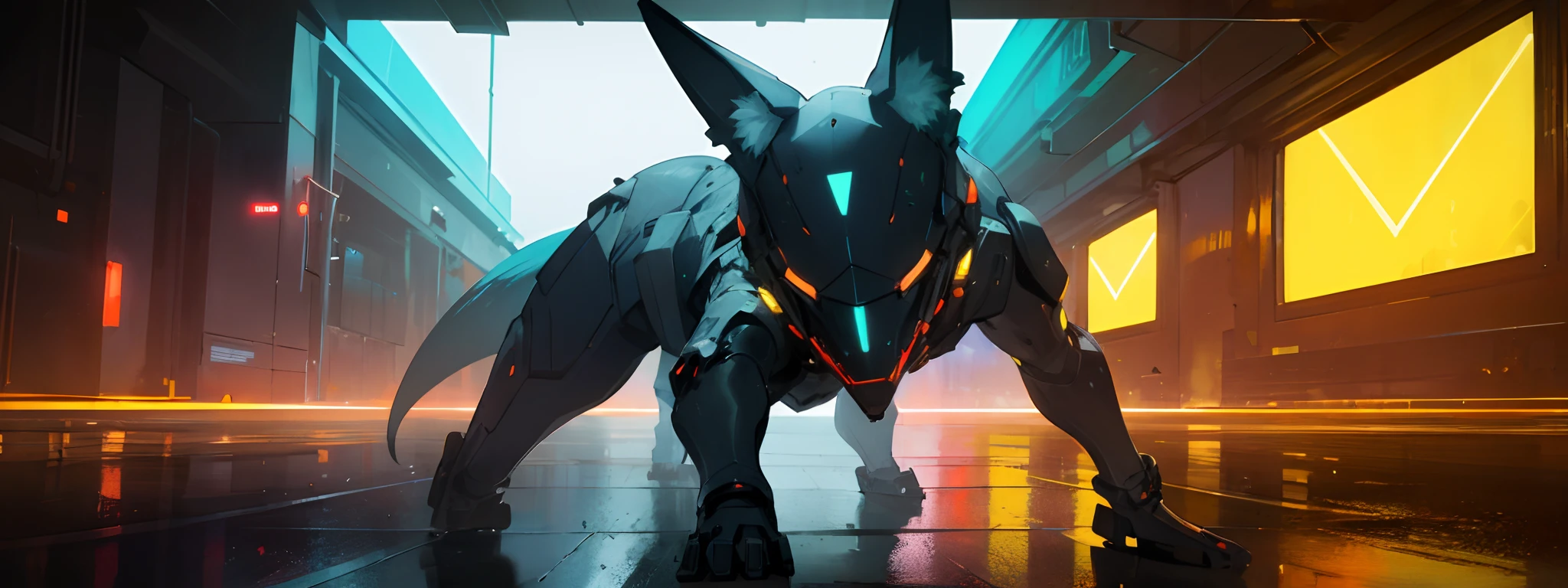 (Best Quality,Ultra-detailed,Realistic:1.37),Fox,posing for camera,ciberpunk,neon lights,Modern cityscape,Detailed fur,Textured background,bright colours,striking composition,reflective surfaces,Spicy atmosphere,Unusual angles,futuristic vibe,elegant pose,nighttime scene,urban environment,scifi aesthetic,Dystopian settings,eye-catching visual effects,High-tech elements,Mysterious atmosphere,neon signage,Sandy Streets,Holographic projections,Glowing skyscrapers,Sleek design,Meticulous details,Mesmerizing radiance,Stylized environments,dark shadows,Coming out of the darkness,Unexpected Background,An alluring look,electric energy,Photogenic object,wet pavement,chromatic aberration,magic atmosphere,Reflection on wet surfaces,street art,Amazing photo opportunity