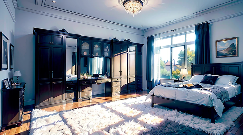 ((Masterpiece, hiquality, absurdress), bed room, Large and spacious bedroom, White walls, Black floor and ceiling, (White fluffy carpet on the floor), (big bed), (Black blackout curtains on the window), Bedside table with lamp, Cabinet with mirror, Desk with laptop, bookshelf, Large panoramic window, View of autumn city