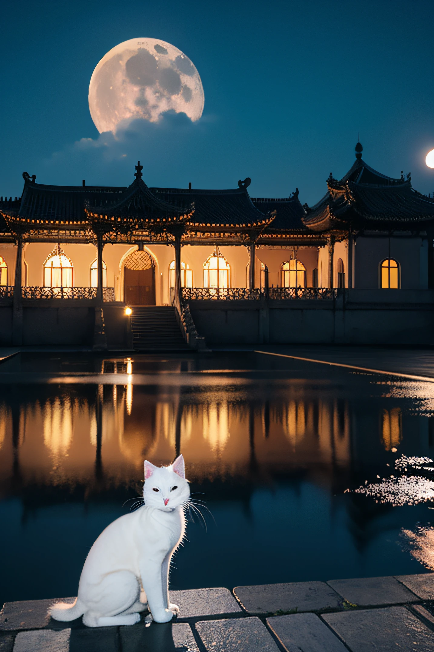 Furry white cat,Palace at night,themoon。