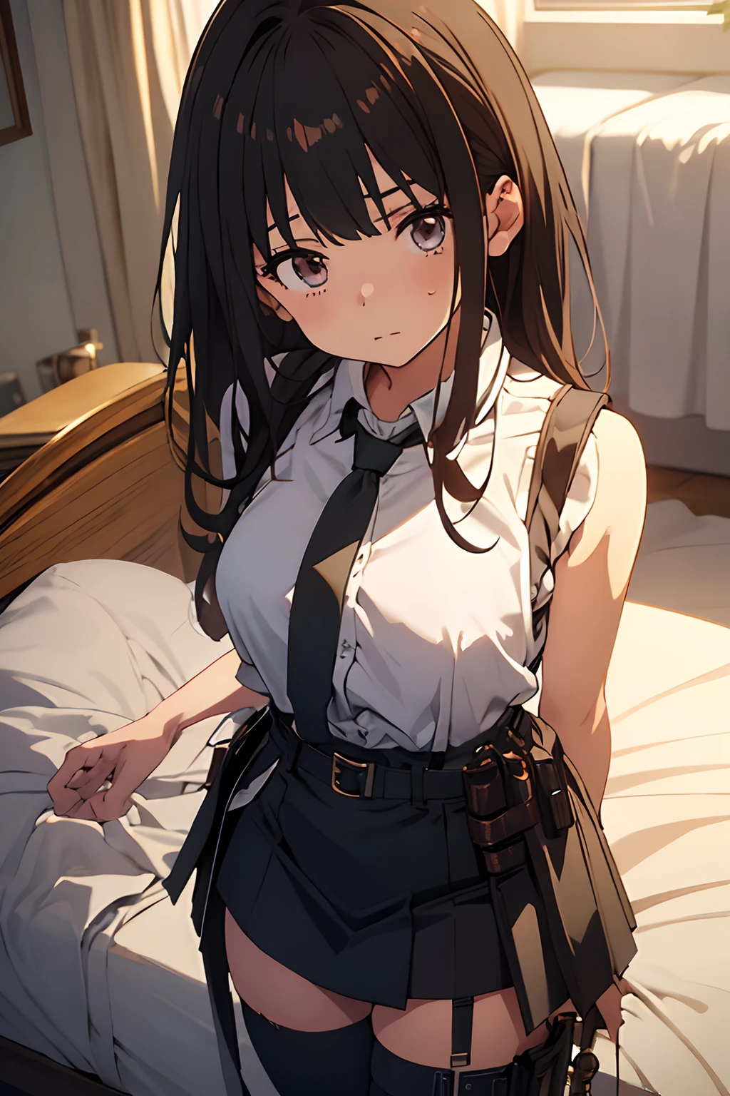 masterpiece、flat-colors、depth of fields、lens flare 1 girl、、Brown hair、watching at viewers black suspenders Bulging big breasts Armpit sweat perspiring Side of both hands walls: Black miniskirt garters Gaze Small face bangss flank holster Belt Armament Beautuful Women srestrained Hands behind your back On the bed Sleep in a leg holster bed Pants in the gap