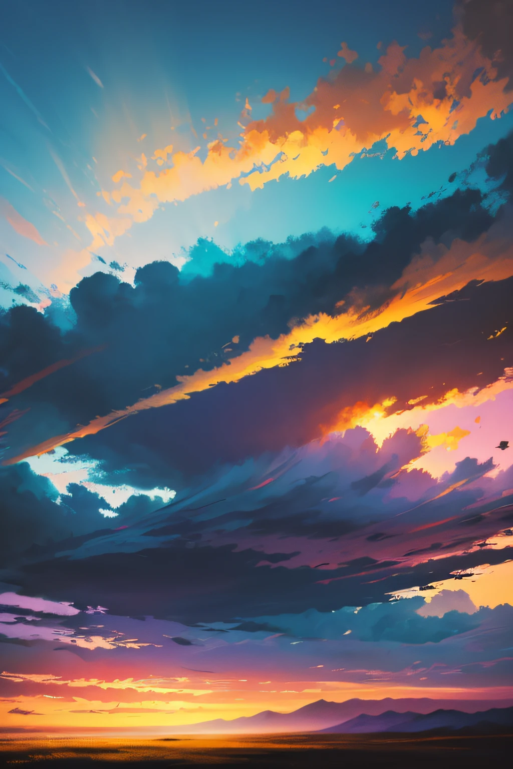 highres,painted strokes,sky,textured clouds,long brushstrokes,bold colors,dramatic,painterly,impressionistic,vibrant,colorful,ethereal lighting,heightened contrast,dynamic composition,sweeping movement