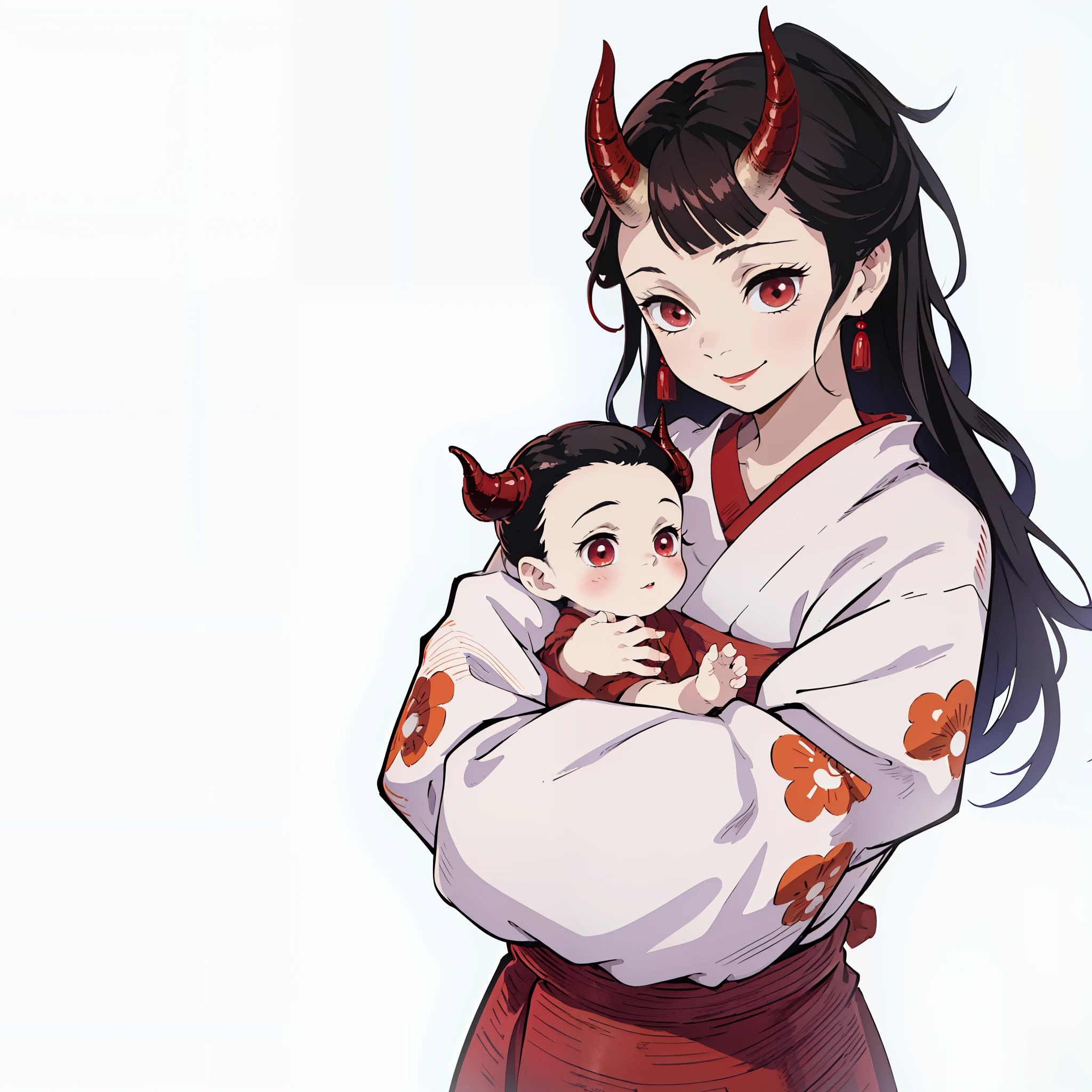(masterpiece, best quality:1.2), (1girl, 1baby), upper body, kimono, black long hair, (red demon horns, red eyes), big smile, holding , Japanese old style room, wooden bed
