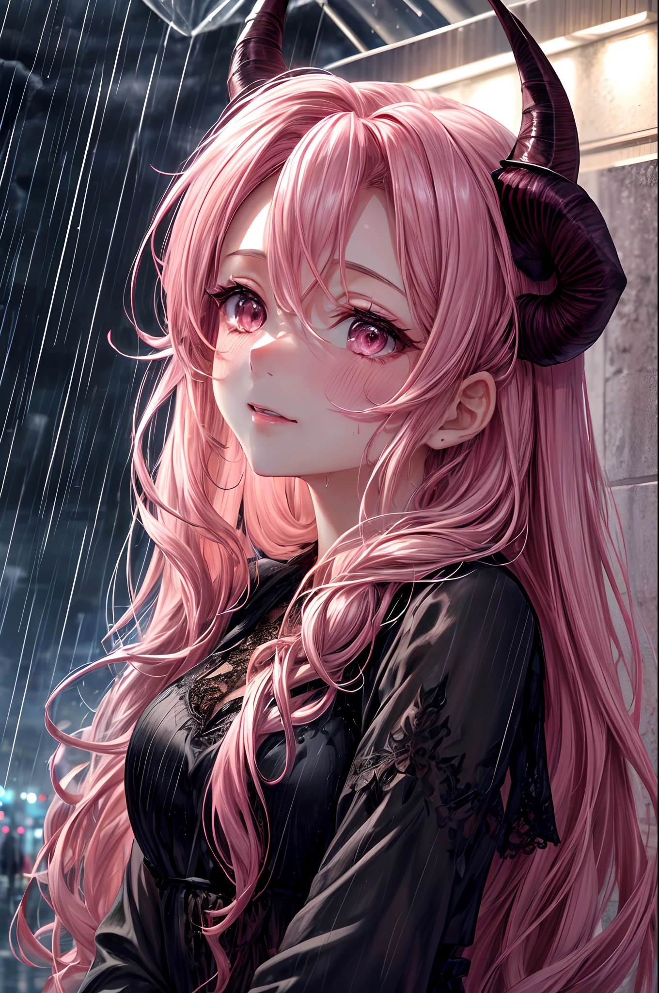 a close up picture of a woman's face looking towards the sky, as she looks up the (rain drops: 1.3) fall on her face, a very beautiful woman, long hair, pink hair, wavy hair, (elegant make up: 1.3) wet hair,pink eyes, she wears an elegant, intricate dress, there is a sense of joy on her face, an urban street at night. cloudy night, horns