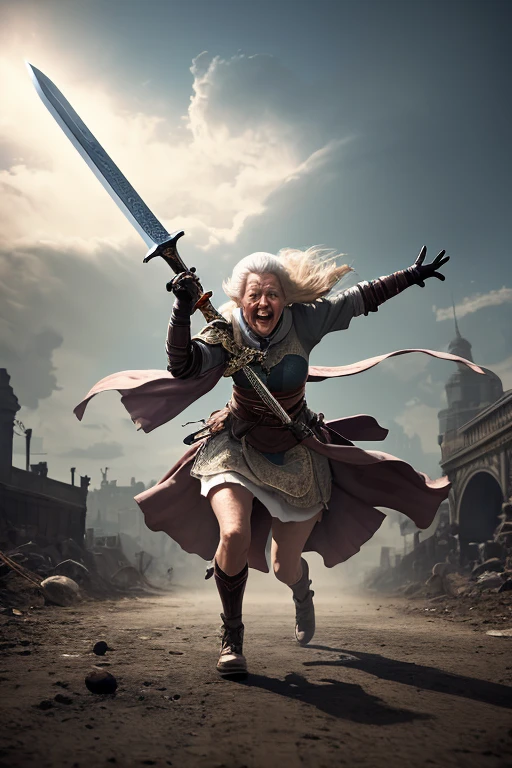 high-level image quality　Run at high speed　old women　Holding a large sword　The dim　wasteland