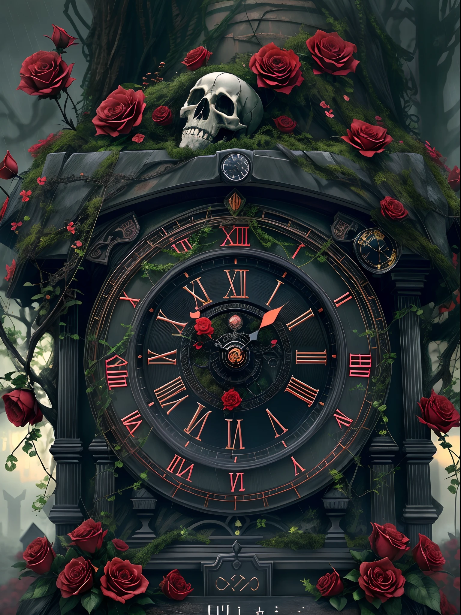 (A high resolution,Realistic,Horror,landscape,Dark,Creepy,Mystery,Ominous),(Mechanical Clock 1.37。A huge tombstone is adorned with a clock。,Delicate dial,There are vines wrapped around it)。Many red roses are entwined。There are crows resting on tombstones。rainy evening,skeleton head,moss,Global illumination。k hd。