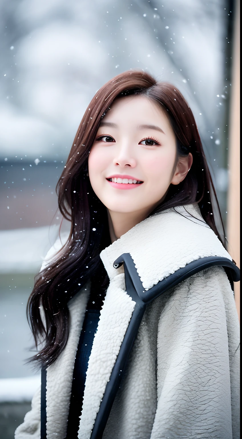 realistic photos of (1 cute Korean star) Shoulder-length hair, thin makeup, medium breasts size, wearing coat, in the snow, clear facial features, 8K high resolution, sharp and realistic details.from outside, Eye-Level Shot, f/4.0, 135mm, Fujifilm, jpeg artifacts, dithering, UHD, masterpiece