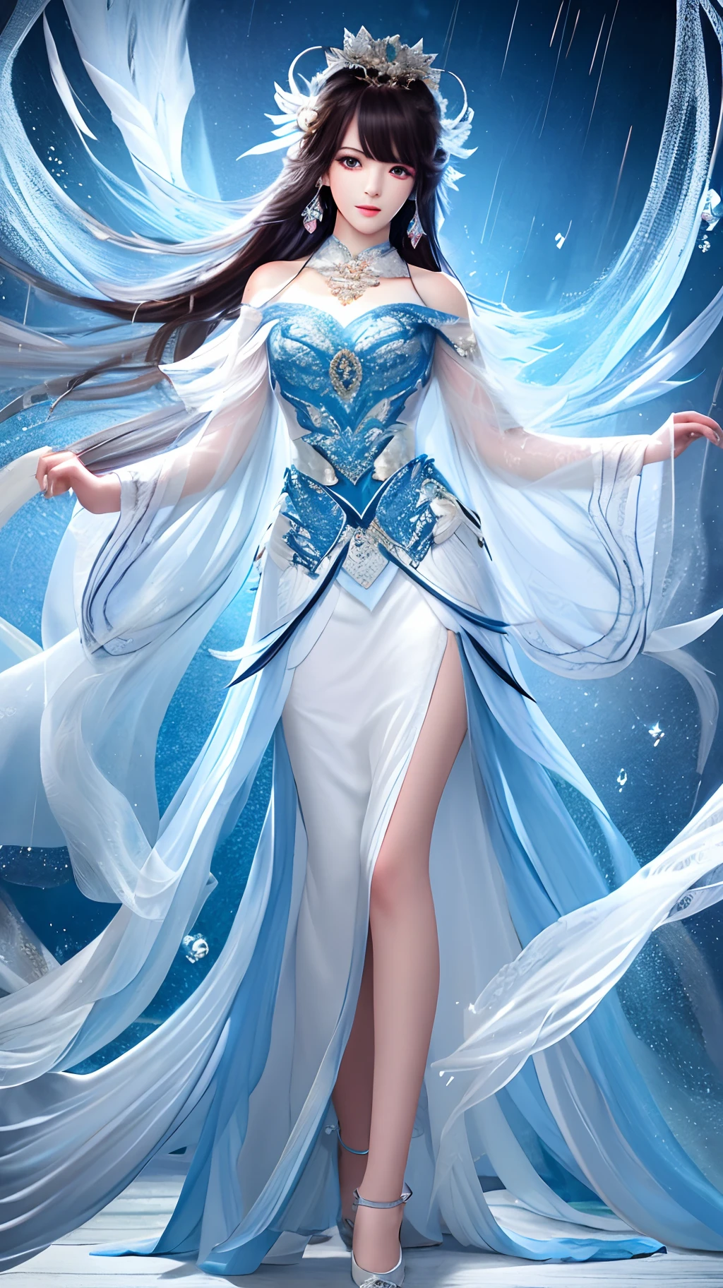 (best quality),((masterpiece)),(highres),original,(extremely detailed 8K wallpaper),overexposure,1girl,(medium chest),(extremely delicate and beautiful),(beautiful and detailed eye description), (beautiful and detailed facial characterization), (single person), (upper body), behind arms, rain skirt, hair accessories, necklace, jewelry, earrings, chinoiserie architecture, wavy hair, messy hair, swept bangs, masterpiece ,Exquisite,transparent feather jacket,kawaii face,anime,(harem outfit),full body,;d,
