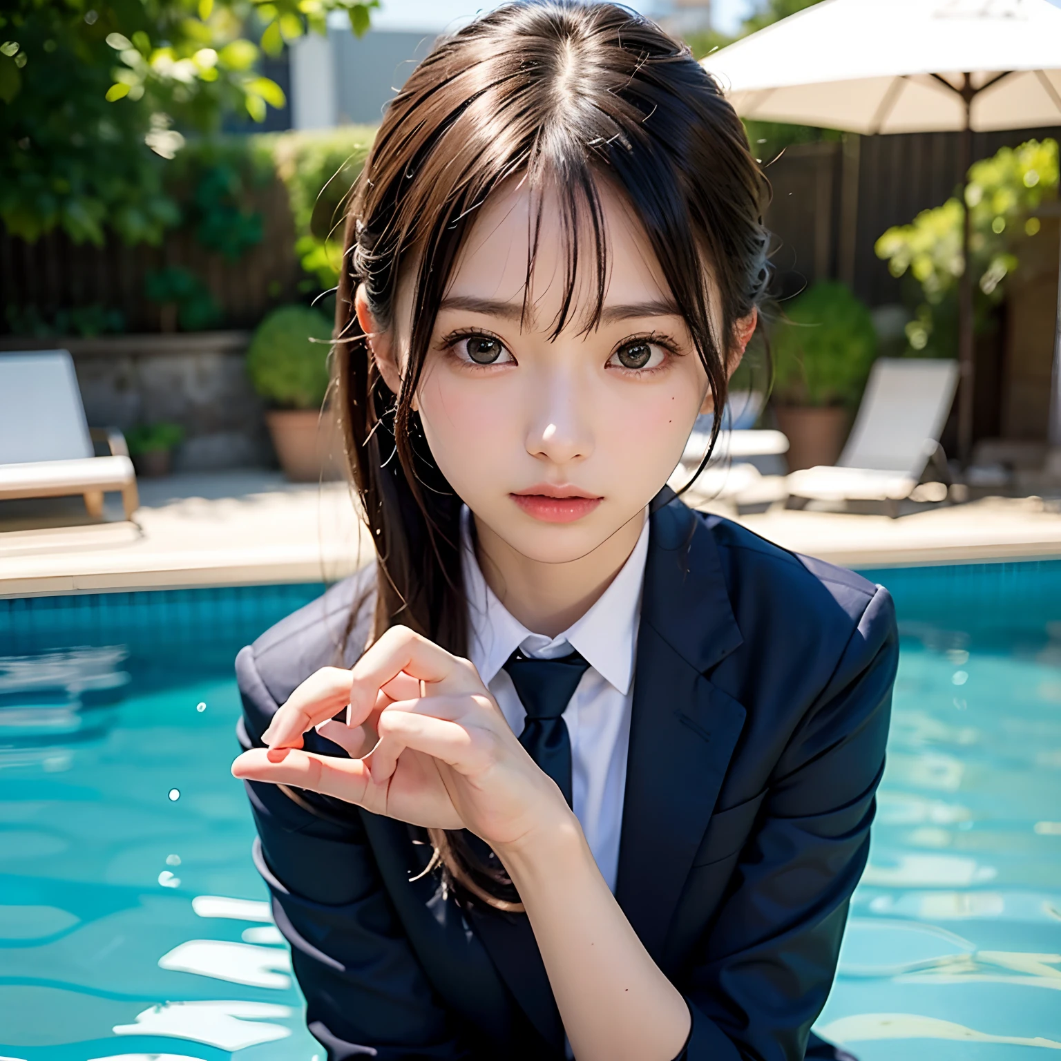 (masutepiece, Best Quality:1.2), 8K, Official art, Full body photo, full body Esbian、Fasten your tie、in poolside、turned around、Suits、Embarrassing black hair、years、small tits、Happy、unbelievable Ridiculous, (Upper body, Dark blue suit:1.4), Beautiful Girl, Pretty Face, arching back down, cute panty、Gold hair ornament on hair、Wearing a cute suit、close up, Wearing a suit, Short sleeve, gardenia, violaceaess, Teen, in poolside, Looking at Viewer, Film grain, chromatic abberation, Sharp Focus, face lights, Dynamic lighting, Cinematic lighting, Eyes and faces with detailed, Bokeh background, (Tie with Emma written on it、1 copy:1.2)