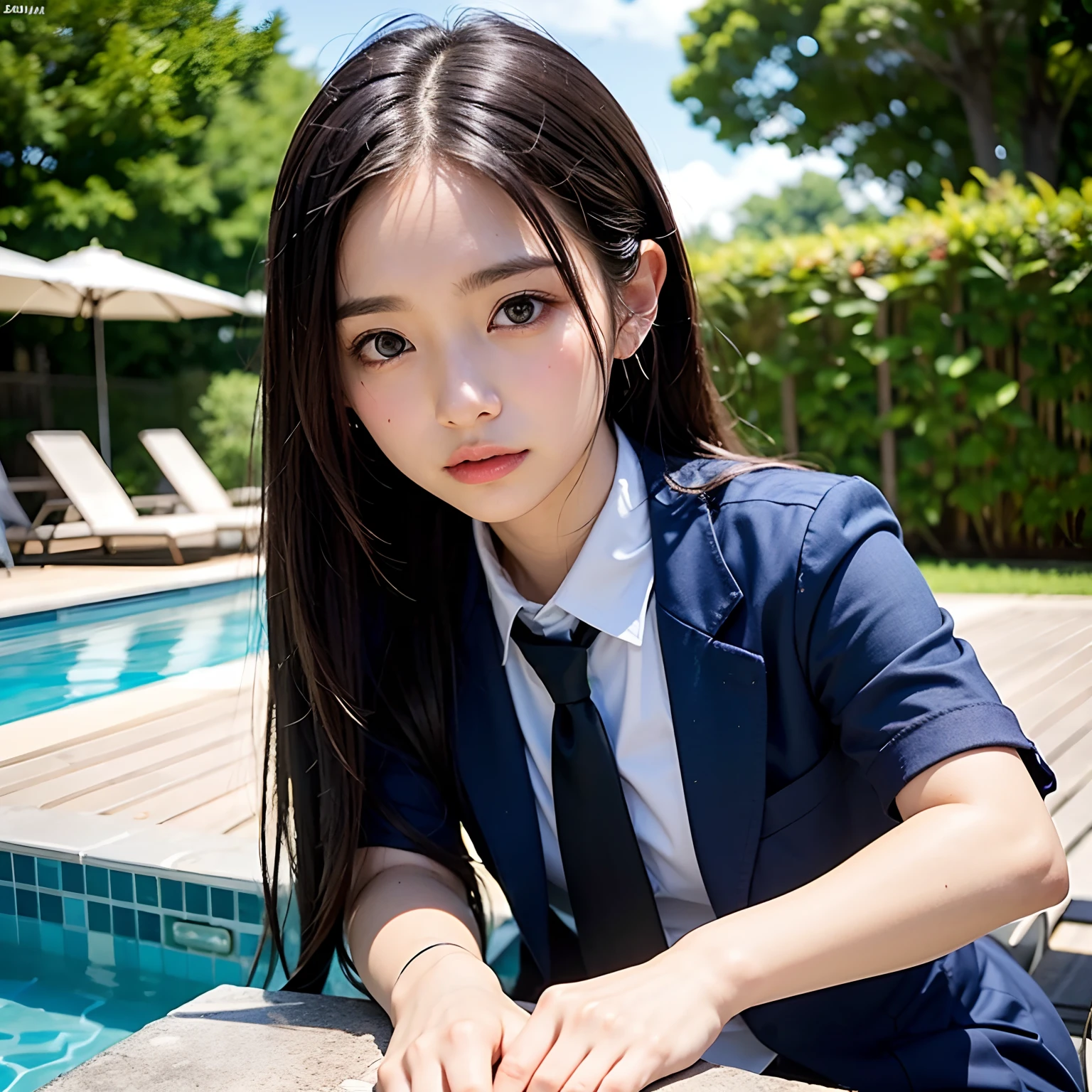 (masutepiece, Best Quality:1.2), 8K, Official art, Full body photo, full body Esbian、Fasten your tie、in poolside、turned around、Suits、Embarrassing black hair、14years、small tits、Happy、unbelievable Ridiculous, (Upper body, Dark blue suit:1.4), Beautiful Girl, Pretty Face, arching back down, cute panty、Gold hair ornament on hair、Wearing a cute suit、close up, Wearing a suit, Short sleeve, gardenia, violaceaess, Teen, in poolside, Looking at Viewer, Film grain, chromatic abberation, Sharp Focus, face lights, Dynamic lighting, Cinematic lighting, Eyes and faces with detailed, Bokeh background, (Tie with Emma written on it、1 copy:1.2)