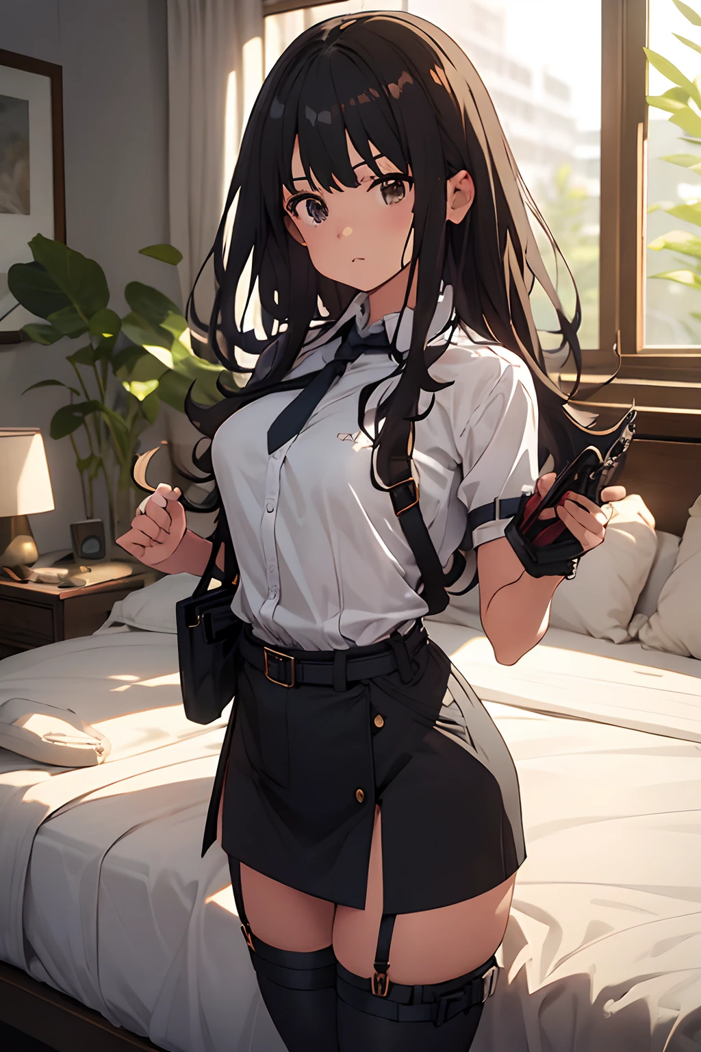 masterpiece、flat-colors、depth of fields、lens flare 1 girl、、Brown hair、watching at viewers black suspenders Bulging big breasts Armpit sweat perspiring Side of both hands walls: Black miniskirt garters Gaze Small face bangss flank holster Belt Armament Beautuful Women srestrained Hands behind your back On the bed Sleep in a leg holster bed Pants in the gap 20hindquarters