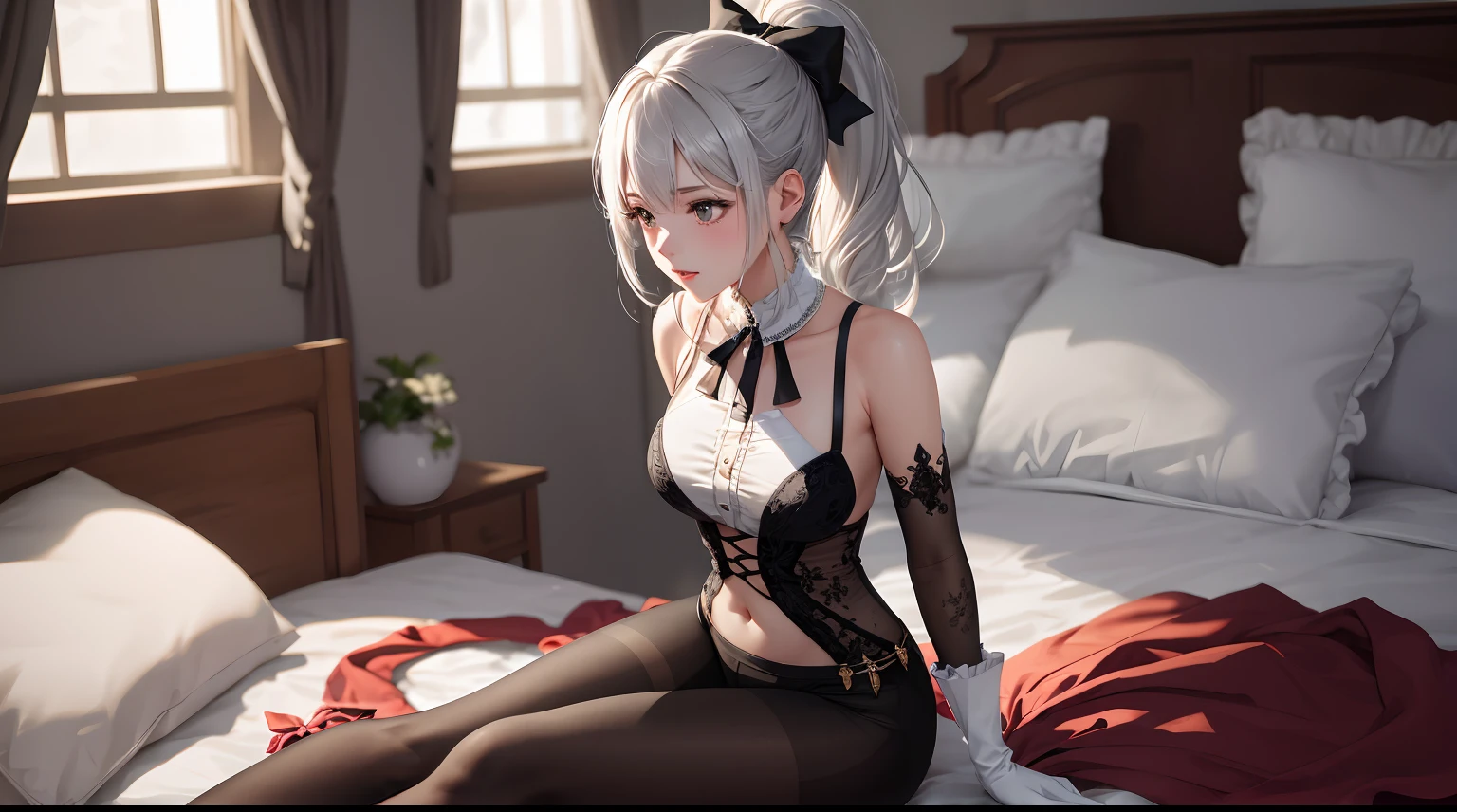 1 girl! Ray tracing, Best Shadows, High resolution (Dim lighting) Detailed background (Bedroom) (Fluffy silver hair, Big Slim Girl) (with high ponytail) Restlessness in the bedroom, Avoid blonde eyes (Black high-waisted pants with intricate embroidery and pantyhose、Wearing white ruffled bow gloves), showing a delicate slim figure and graceful curves, Correctly positioned limbs! Sitting on the bed, Facial features are delicate! Pay attention to the details of the position of the legs! Pay attention to finger details! High quality! More eligible! Reduce mistakes! Ultra-detailed CG, The picture is more reasonable.