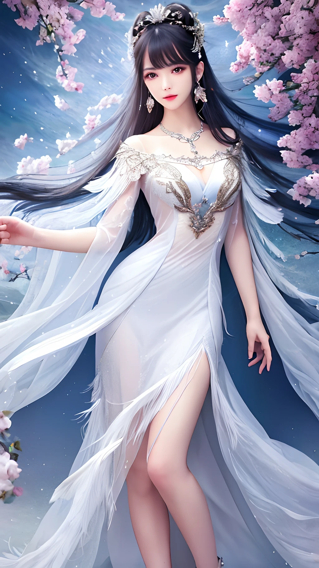 (best quality),((masterpiece)),(highres),original,(extremely detailed 8K wallpaper),overexposure,1girl,(medium chest),(extremely delicate and beautiful),(beautiful and detailed eye description), (beautiful and detailed facial characterization), (single person), (upper body), behind arms, rain skirt, hair accessories, necklace, jewelry, earrings, chinoiserie architecture, wavy hair, messy hair, swept bangs, masterpiece ,Exquisite,transparent feather jacket,kawaii face,anime,(harem outfit),full body,;d,