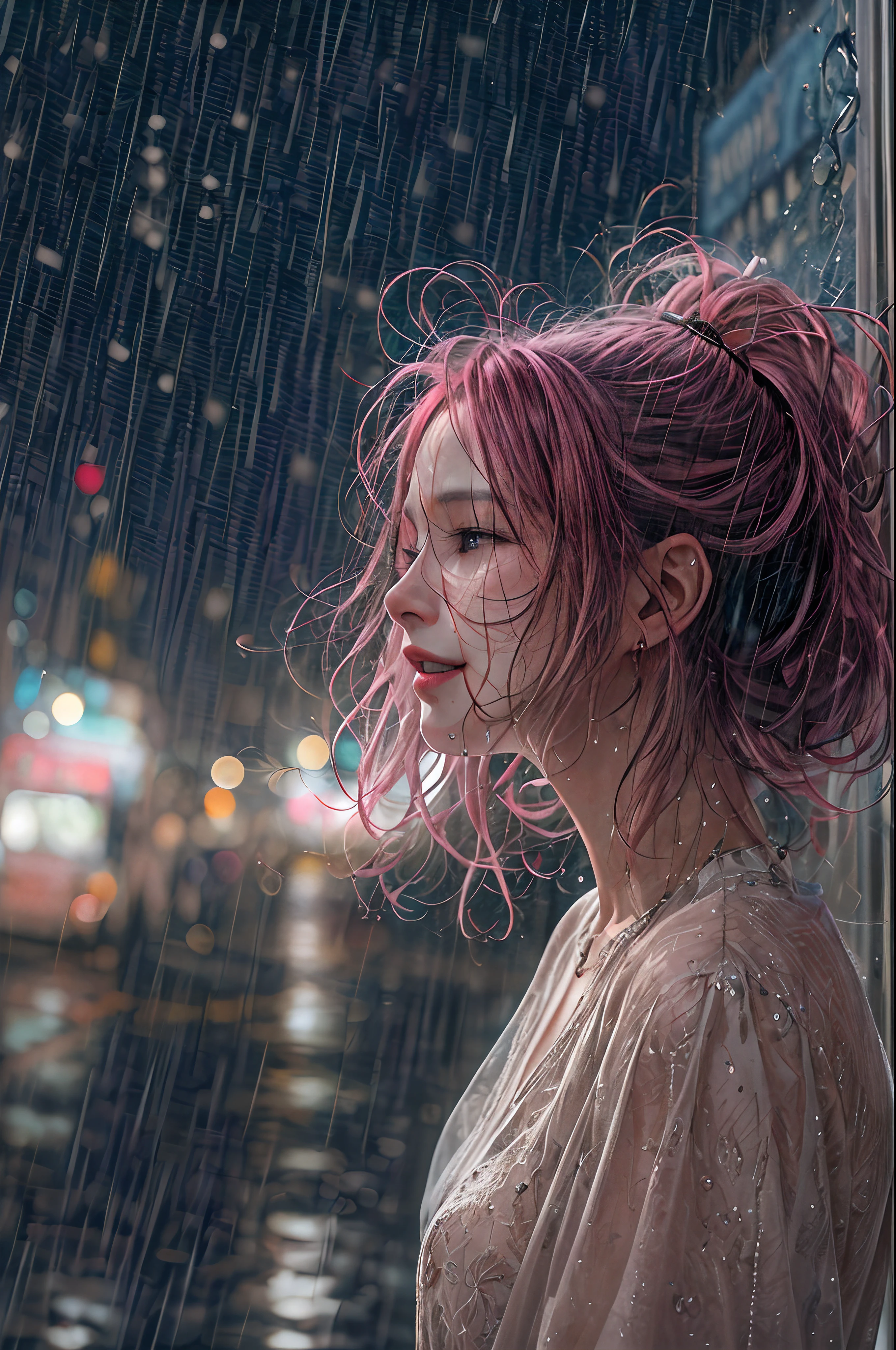 a close up picture of a woman's face looking towards the sky, as she looks up the (rain drops: 1.3) fall on her face, a very beautiful woman, long hair, pink hair, wavy hair, (elegant make up: 1.3) wet hair, closed eyes, she wears an elegant, intricate dress, there is a sense of joy on her face, an urban street at night. cloudy night, black horns