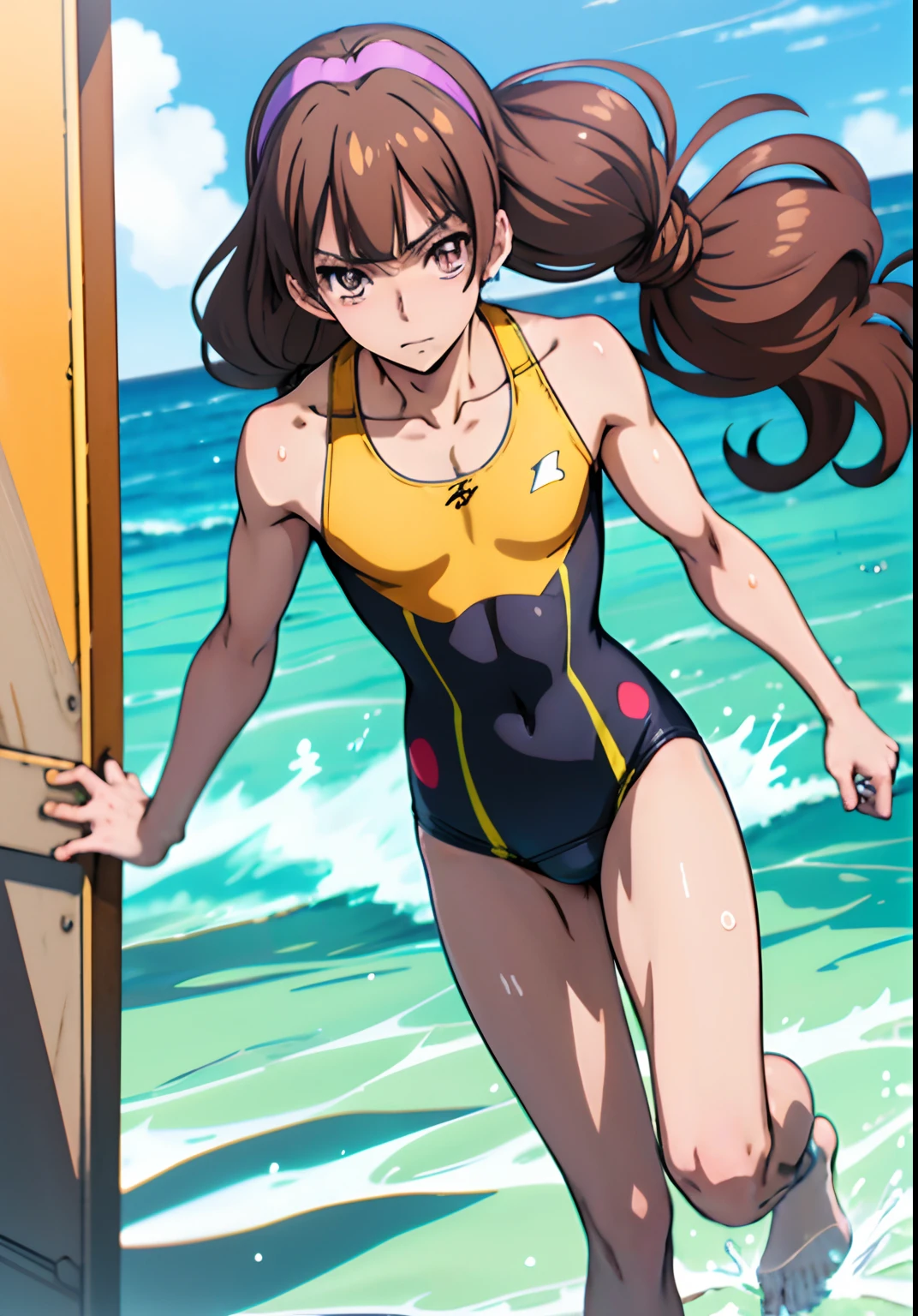 Anime man in swimsuit, Men with long twin tails brown hair, Man with long two-sided up brown hair, Purple-eyed man, wearing a swimming wear, Swimsuit, Wet swimsuit, Seductive Anime Boy, garments:High-cut swimwear, Cool anime man in black and yellow tank suit, anime moe art style, swim wears, Black and yellow high leg racing swimwear, Commission for high resolution, Competitive swimsuit, (Anime Boy), onepiece swimsuit, marin kitagawa fanart, high quality fan art, highleg, cel shaded anime, swimsuit model, High Leg Racing Swimwear, oc commission, [ 4 k digital art ]!!, Realistic swimwear, Yellow Hairband, Bare shoulders, bare legs, !!Full body portrait!!,