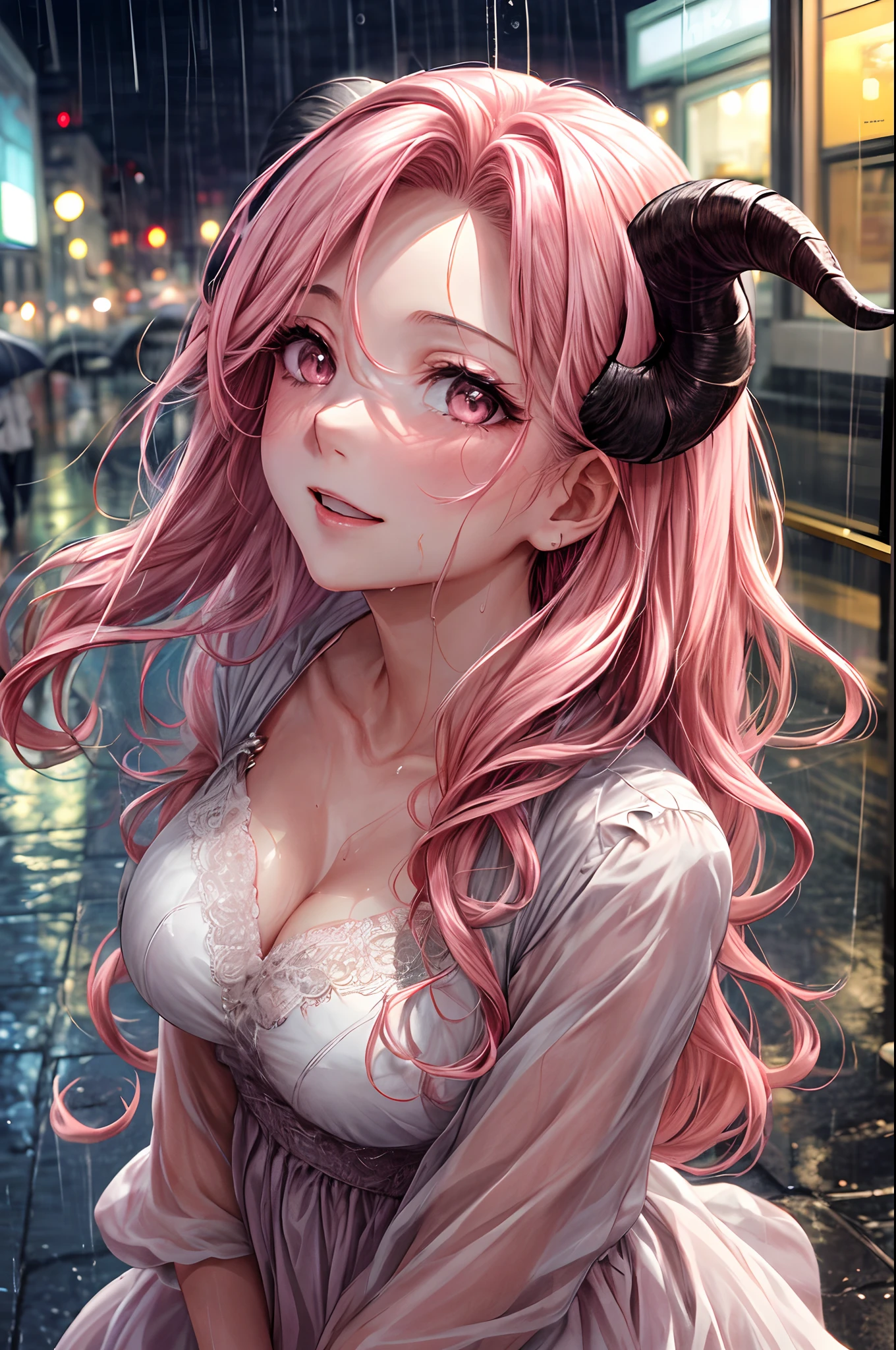 a close up picture of a woman's face looking towards the sky, as she looks up the (rain drops: 1.3) fall on her face, a very beautiful woman, long hair, pink hair, wavy hair, (elegant make up: 1.3) wet hair,pink eyes, she wears an elegant, intricate dress, there is a sense of joy on her face, an urban street at night. cloudy night, horns, large breasts