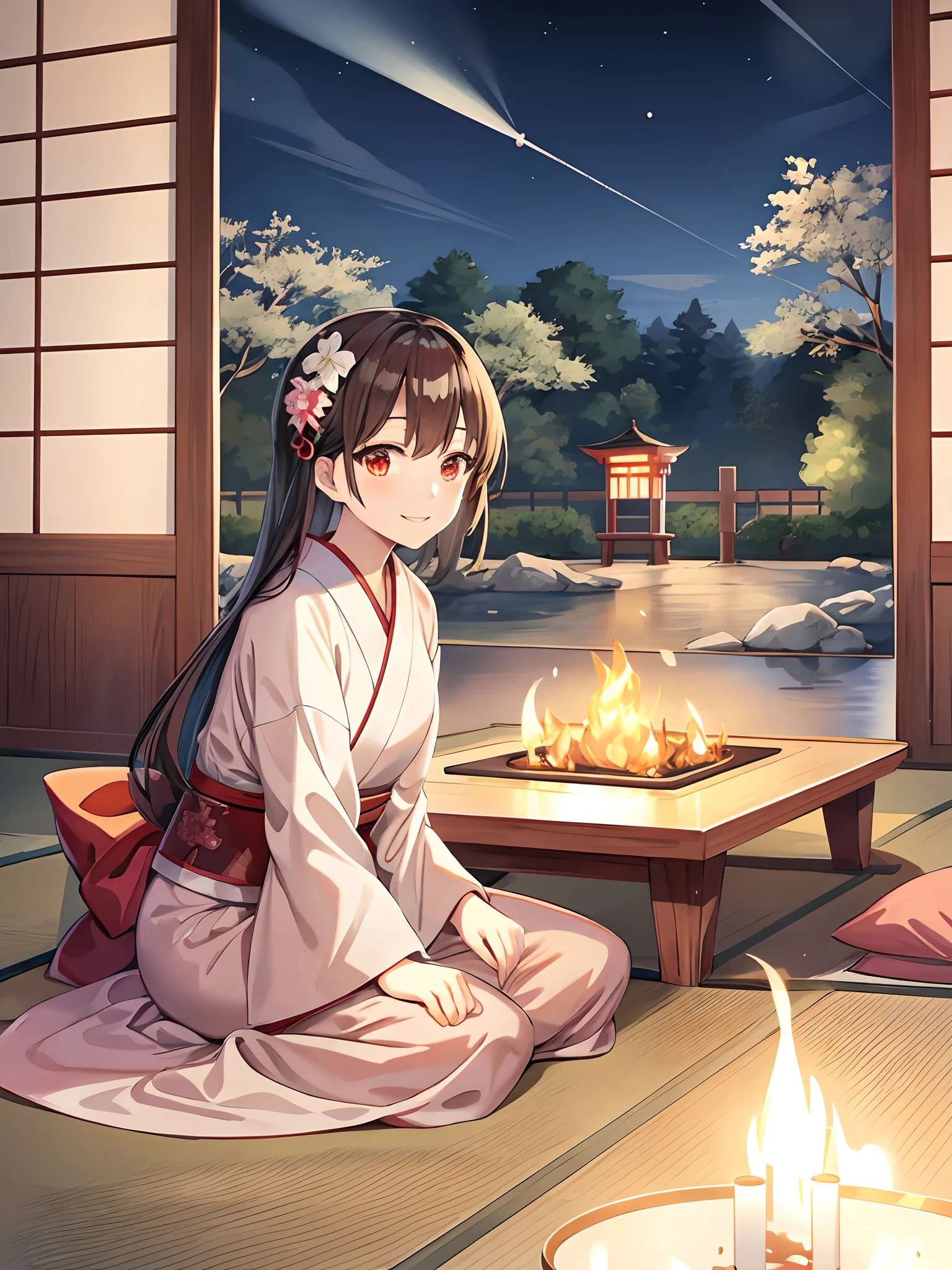 Anime girl sitting on the floor with a lit candle in front of her, palatial palace ， a girl in hanfu, Anime visuals of cute girls, Kantai Collection Style, with fire, inspired by Ma Yuanyu, marin kitagawa fanart, Relaxing environment, digital anime illustration, anime moe art style, burning scene in the background, a serene smile, Surrounded by fire