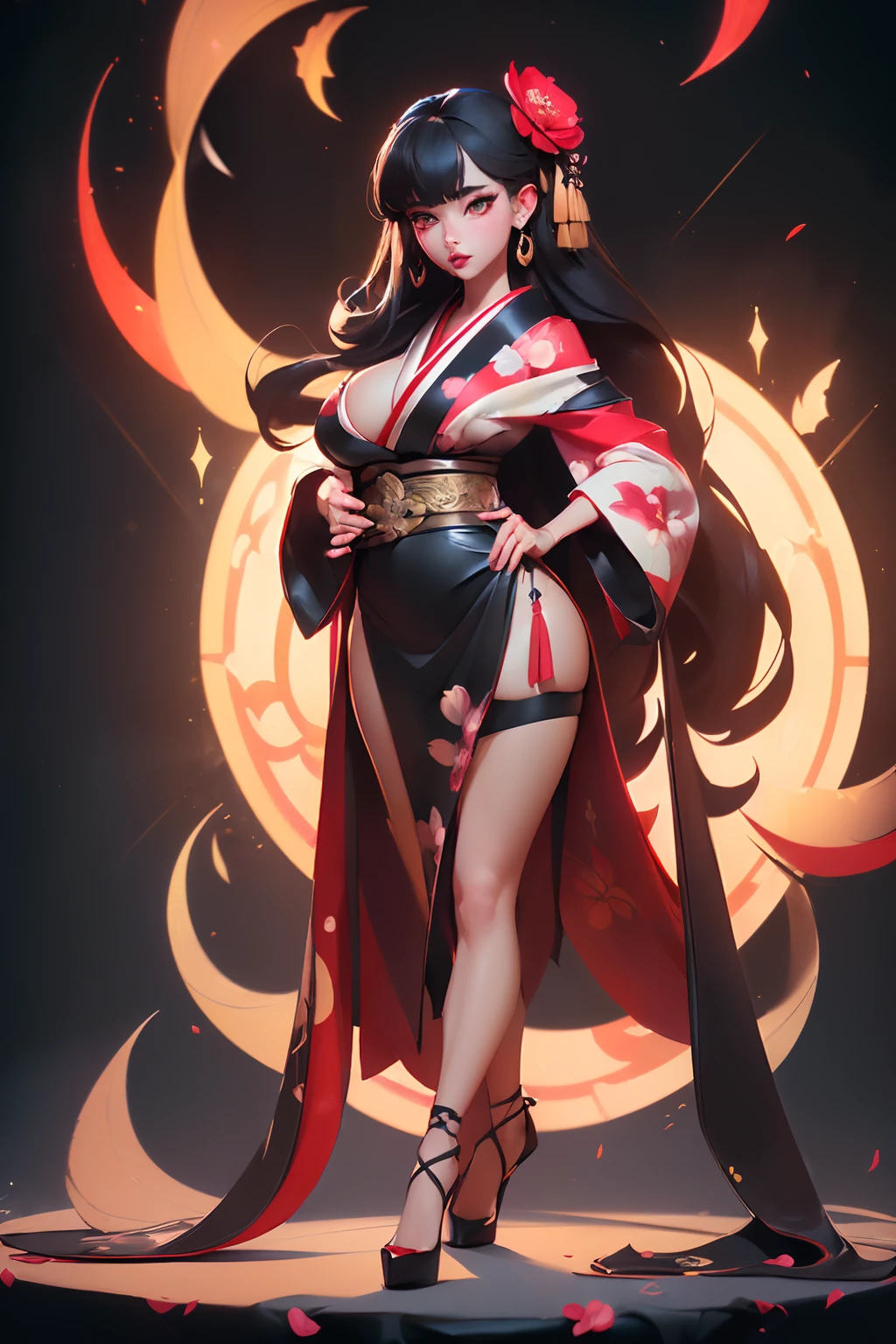 ((full body))((sexy tall japanese supermodel)) ((beautiful face)) (red lipstick) ((big bright eyes)) ((very long black strsight hair with square bangs)) ((pale skin)) ((very huge breast:1.5)) (perfect body:1.3) ((wears fantasy red and black kimono, with flower prints, stocking, high heels)) ((sexy supermodel posing inside photo studio for camera epic photoshoot, light of reflector over her, fantasy decoration, magic crystals))(high resolution, dynamic shadows)((photorealistic:1.5)) ((masterpiece:1.3)) (8k) (perfect face) (best quality) (perfect hands and eyes)
