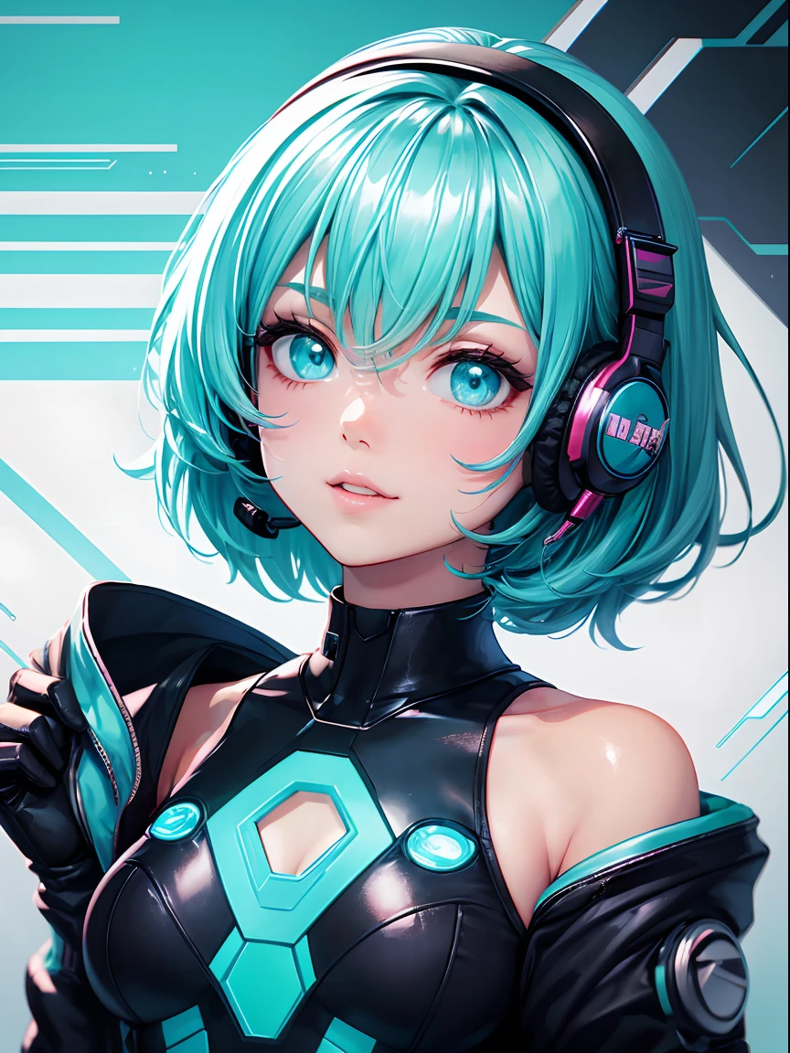 1girl in, Android, Cyberpunk, Cyan hair, Cyan eyes, Short hair, white breastplate, Black headphones, Mechanical white bodysuit, Bare shoulders, Glossy, Shiny material,