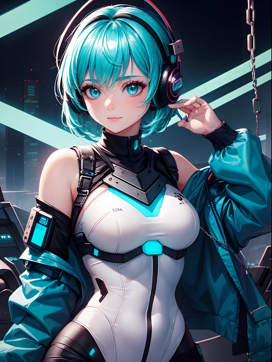 1girl in, Android, Cyberpunk, Cyan hair, Cyan eyes, Short hair, white breastplate, Black headphones, Mechanical white bodysuit, Bare shoulders, Glossy, Shiny material,