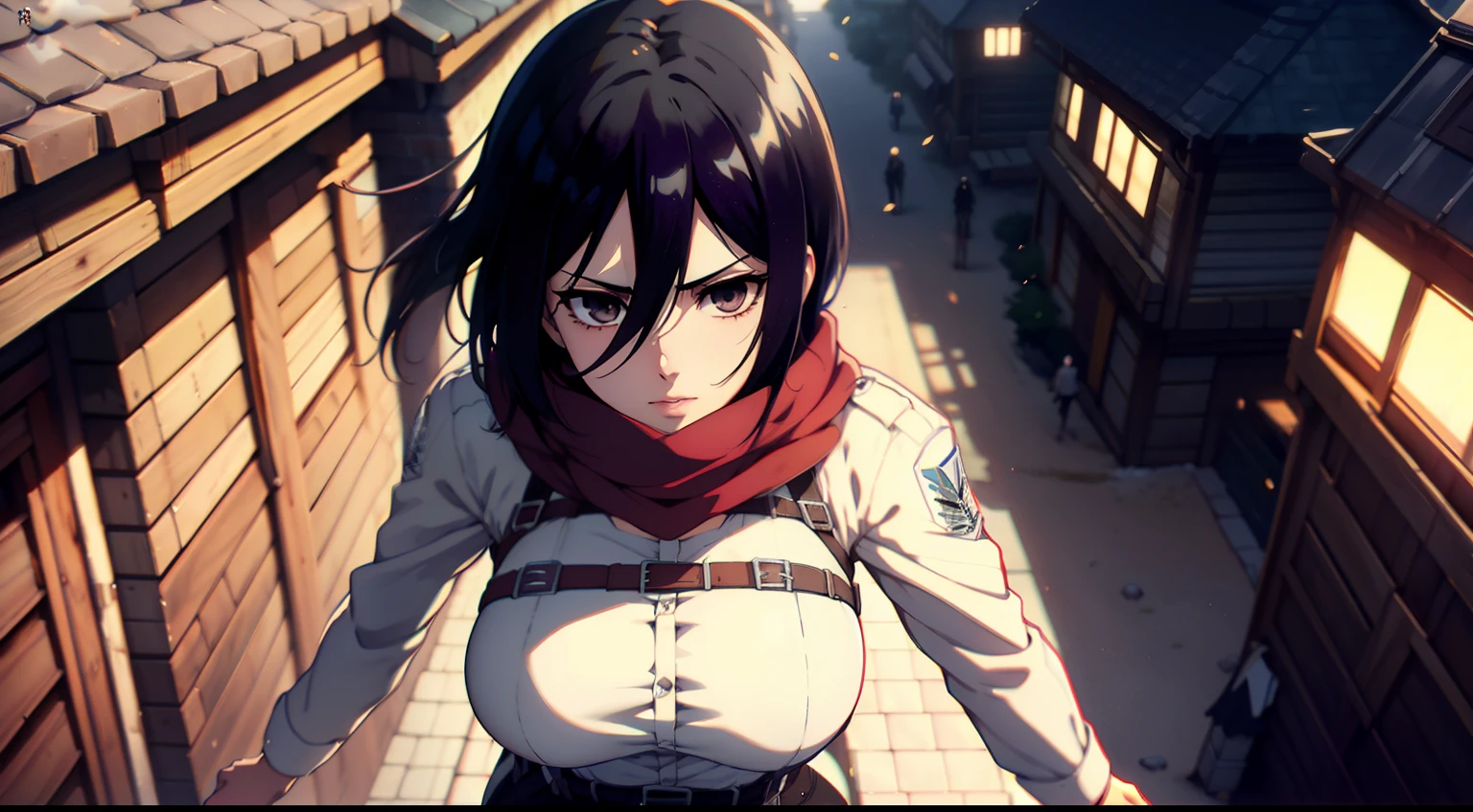 Frame from below, Photo below, view from bottom, Sexy, combat stance, half naked, shirt unbuttoned, Hesitate, Erotica, Super Epic Composition, aot style, Shingeki no Kyojin, mikasa ackerman, 1girl, in full height (Body Full 1.1), Hand strap, quiff, black  hair, Black pants, 가슴, Average Breasts, green colored eyes, Hair between the eyes, turnstile, long sleeves, looks at the viewer, Average Breasts,, breeches, red scarf, a scarf, Shirt, Short Hair Hair, Roof of the city, roof, Sun, In the air, Holds blades in his hands, jump, Smoke, 独奏, hip belt, white  shirt, Scientific Research Building \(Emblem\), ((tmasterpiece)), beste-Qualit, Sex, hooligan, waist, legsupms, buttocks, 가슴, (Body Full 1.1), Camera from above, Frame from above, the night, Lights, looks at the viewer, ssmile, grin, criminal, laughting, Cool anime 8K, Clean and detailed anime art, 4K Manga Wallpapers, Подробный портрет Anime Girl, Anime 4K Style, Anime Art Wallpapers 4K, Anime Art Wallpaper 4K Masterpiece, Gorgeous, Best Quality,