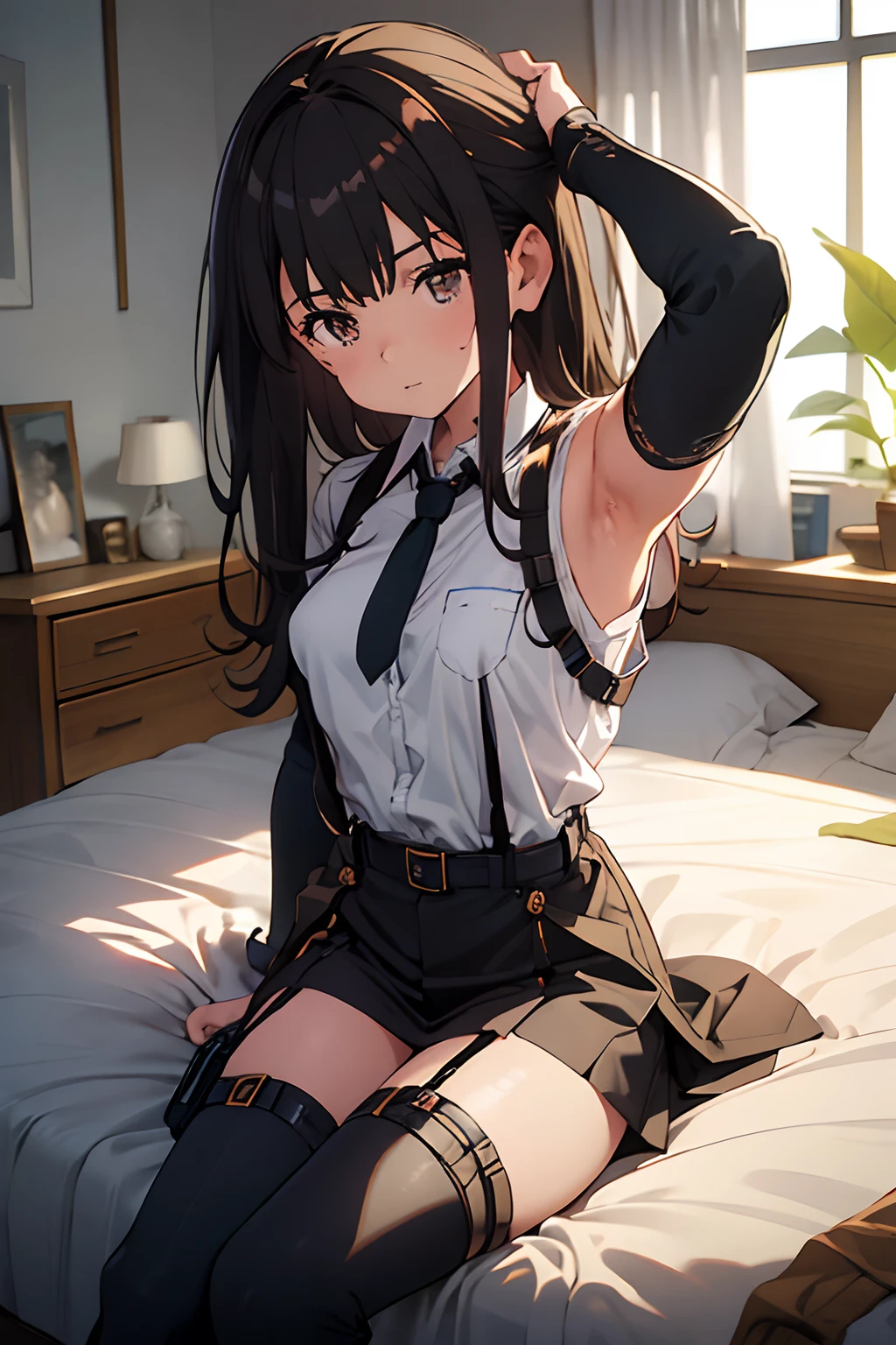 ​masterpiece、flat-colors、depth of fields、lens flare 1 girl、、Brown hair、watching at viewers　　　black suspenders　　　Bulging big breasts　　　 　 Armpit sweat　perspiring　Side of both hands　　walls: 　Black miniskirt　garters　　　　　　Gaze　　　Small face　bangss 　flank　　　　holster　　Belt Armament　Beautuful Women　srestrained　Hands behind your back　On the bed　Sleep in a leg holster bed　Pants in the gap　２０hindquarters