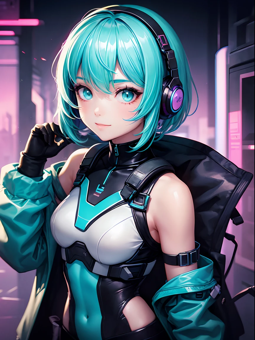 1girl in, Android, Cyberpunk, Cyan hair, Cyan eyes, Short hair, white breastplate, Black headphones, Mechanical white bodysuit, Bare shoulders, Glossy, Shiny material,