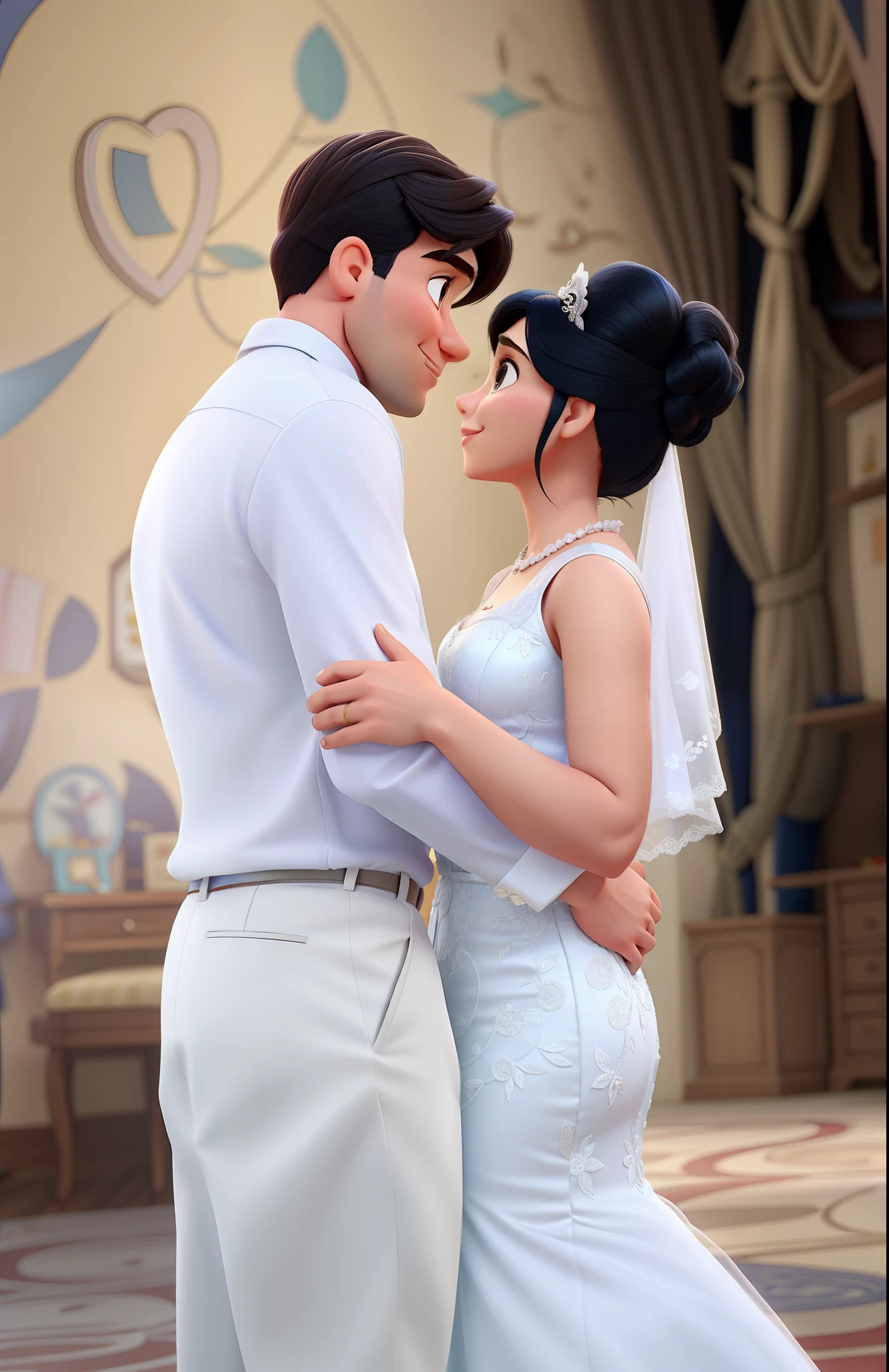 Homem de terno e mulher de vestido de noiva, apaixonados, Disney pixar |