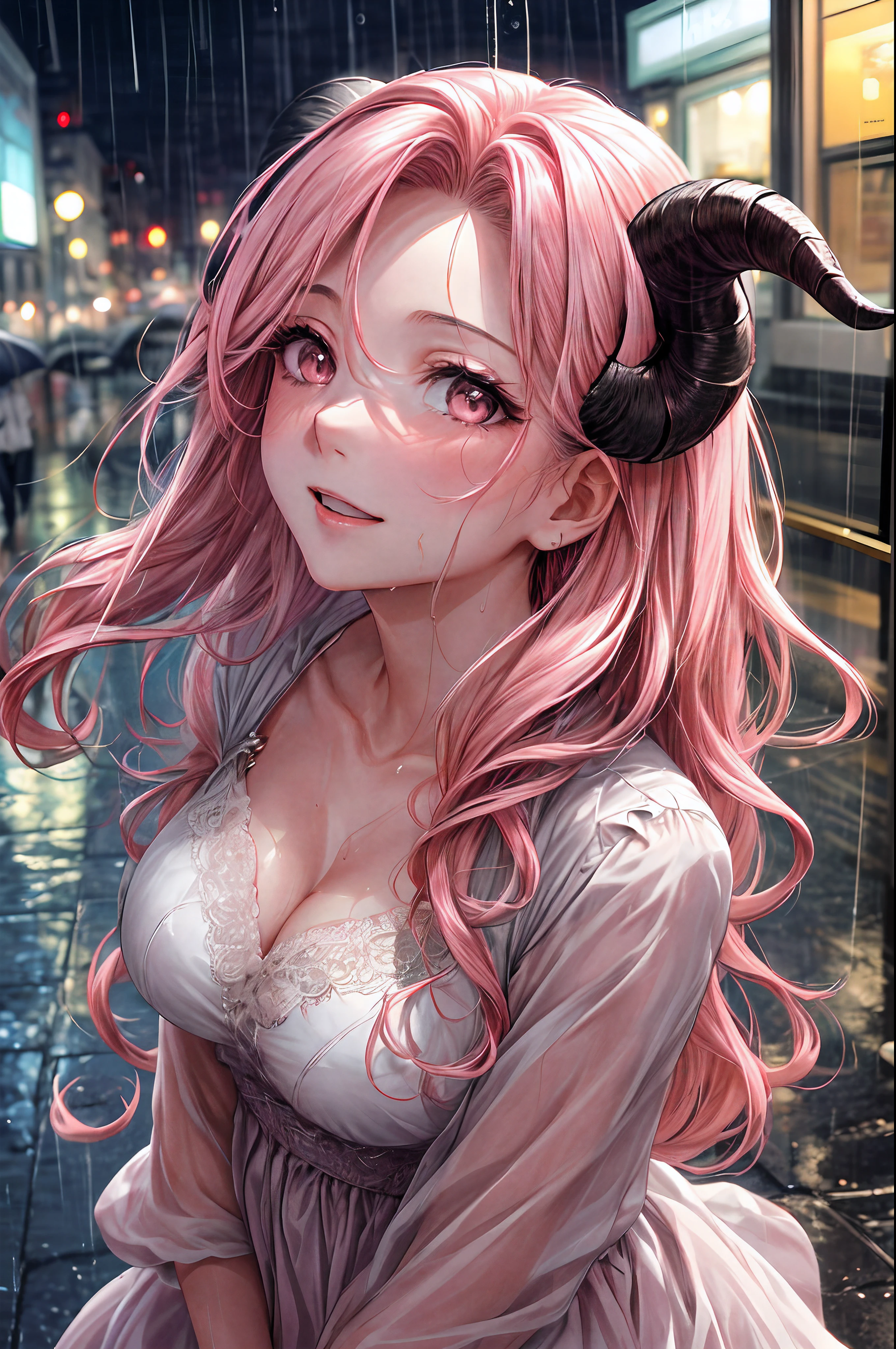 a close up picture of a woman's face looking towards the sky, as she looks up the (rain drops: 1.3) fall on her face, a very beautiful woman, long hair, pink hair, wavy hair, (elegant make up: 1.3) wet hair,pink eyes, she wears an elegant, intricate dress, there is a sense of joy on her face, an urban street at night. cloudy night, horns, large breasts