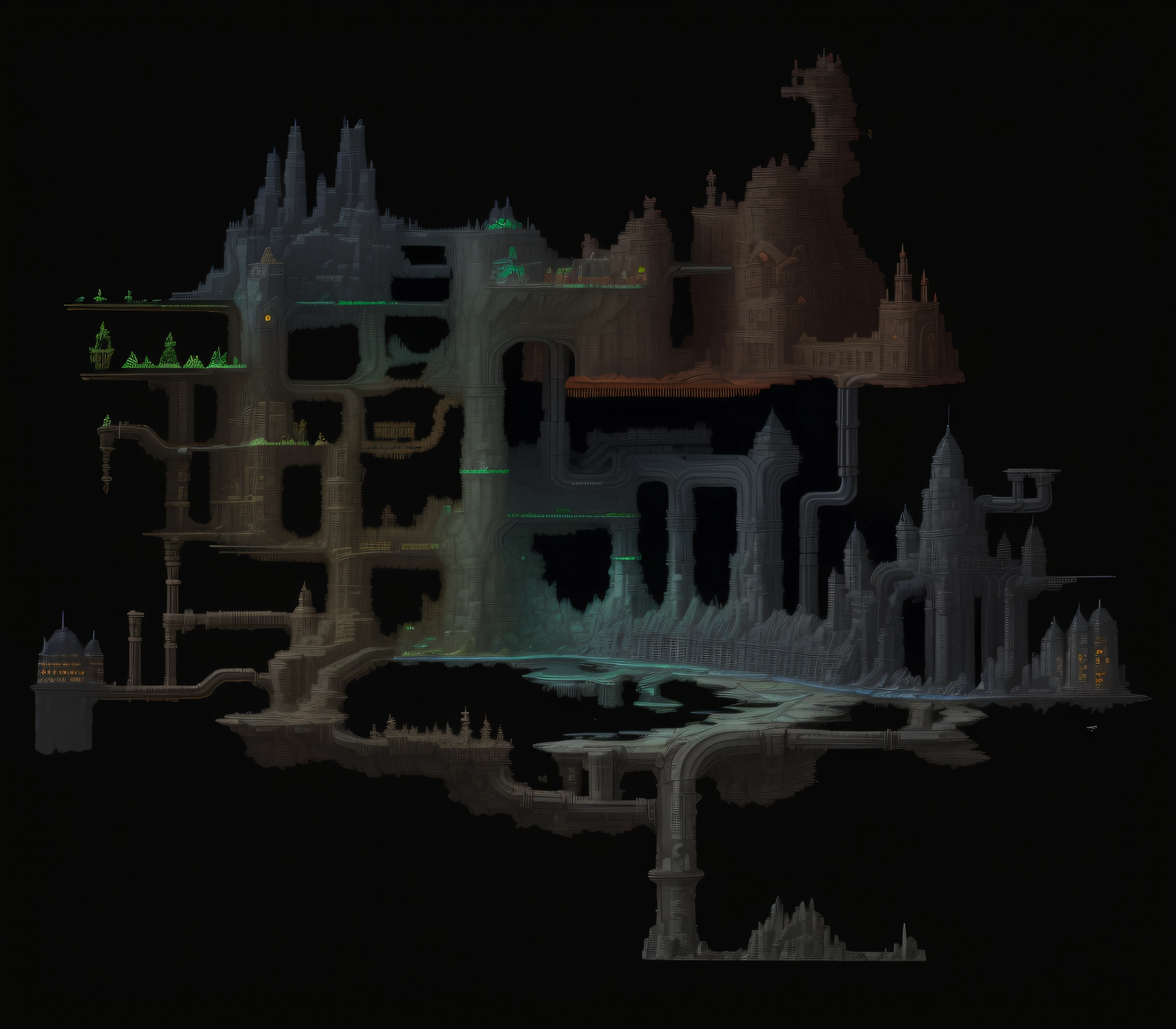 Close-up of a map of a city with a lot of pipes, dark sci - fi game map, Bloodborne chart, steam workshop maps, Source engine mapping, depth map, PlayStation 1 Era Graphics, videogame graphics, alien sedimentary schematic, 2 d depth map, Huge level structure, height map, Translucent Gribours, greebles