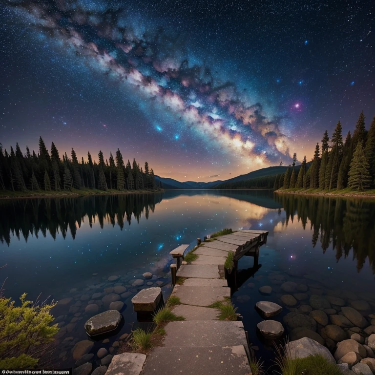 Lake in the forest，The Milky Way flows to a lake in the night sky