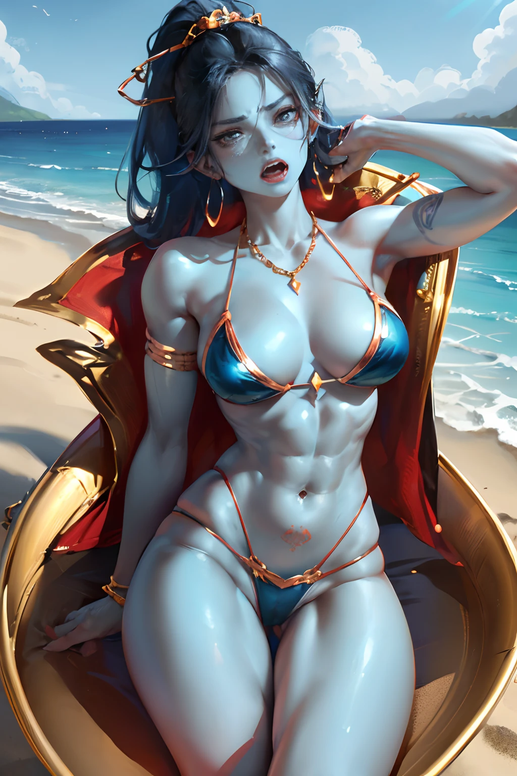 Beautiful woman, Detailed face, Muscular, vibrant (Blue skin:1.5), pointy-eared, gold hoop earrings, (Crotch bulge:1.2), Thick thighs, slouch, hands lying on thighs, (scared expression:1.3), (Very wide open mouth:1.2), Frightened eyes, Nervous, Long wavy black hair, messy ponytail, Tiny (gold bikini:1.4), beach, view the viewer
