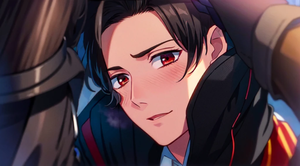 masterpiece, (1boy), adult man, luci, red eyes, black hair, look at viewer, blush, close up