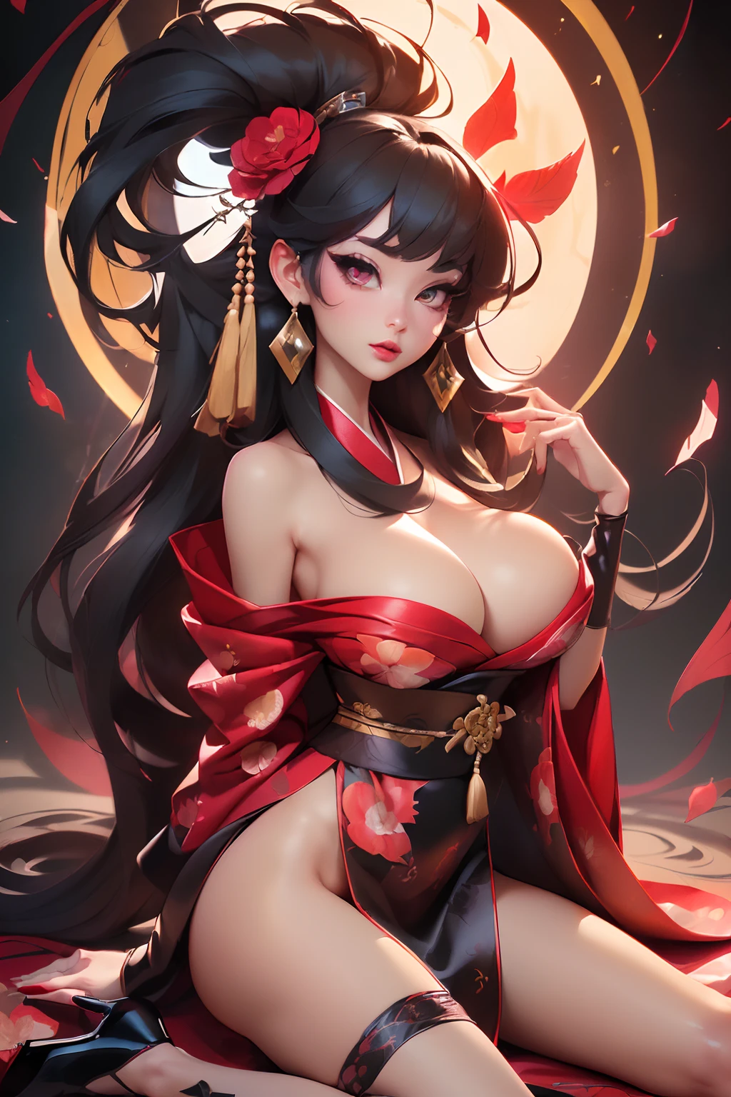 ((full body))((sexy tall japanese supermodel)) ((beautiful face)) (red lipstick) ((big bright eyes)) ((very long black strsight hair with square bangs)) ((pale skin)) ((very huge breast:1.5)) (perfect body:1.3) ((wears fantasy red and black kimono, with flower prints, stocking, high heels)) ((sexy supermodel posing inside photo studio for camera epic photoshoot, light of reflector over her, fantasy decoration, magic crystals))(high resolution, dynamic shadows)((photorealistic:1.5)) ((masterpiece:1.3)) (8k) (perfect face) (best quality) (perfect hands and eyes)