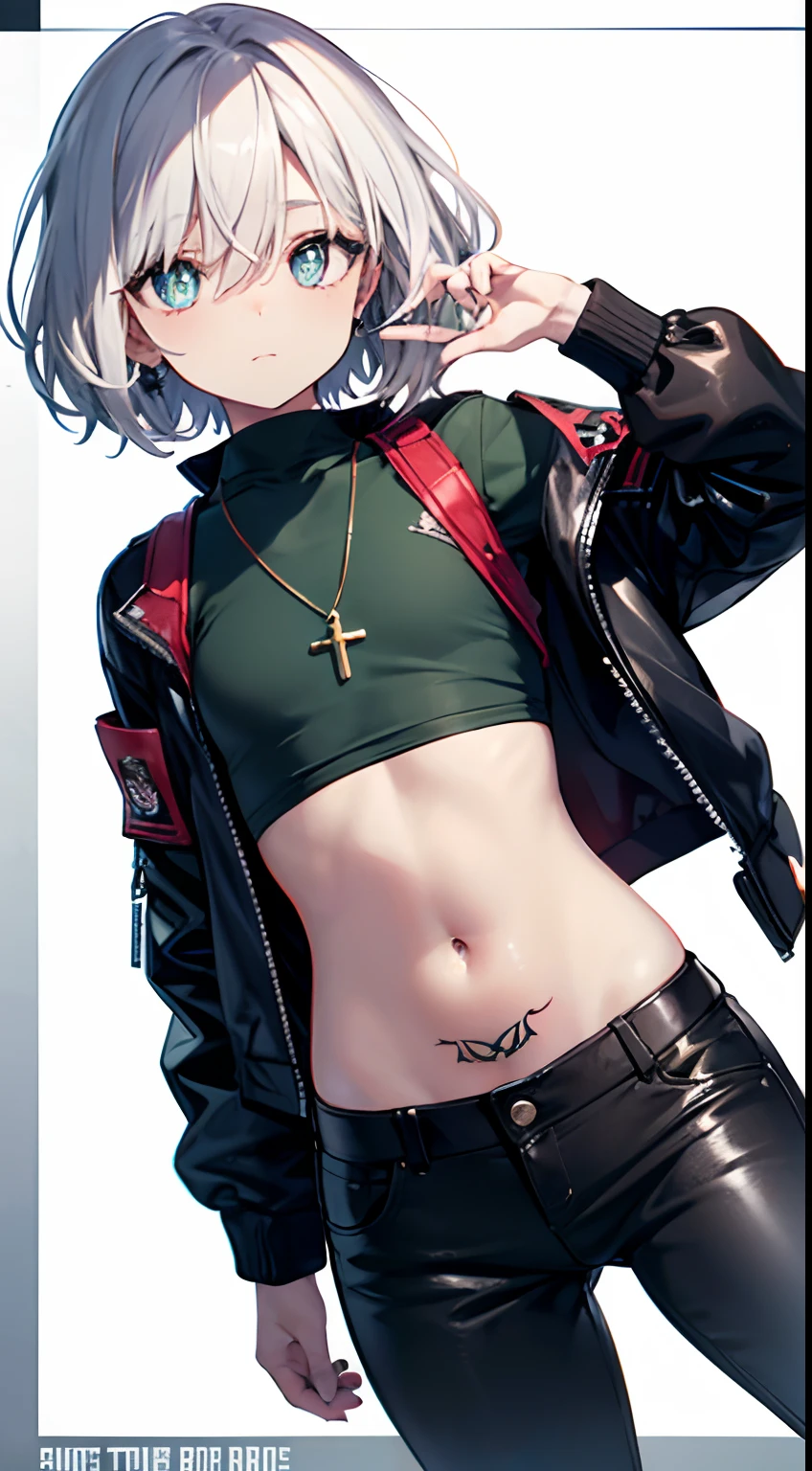 male people,mid - length hair,Back head,The eye sockets are small,Normal eye distance,Black pupils,The bridge of the nose is high,The mouth is centered in size,The neck is moderately thick,Army green shirt,Bomber Jacket(Drape it over the body),Leather pants that are more close-fitting,Low-top combat boots,Cross pendant,There is a silver ring on the index finger of the left hand,Reverse cross tattoo on the back of the left hand