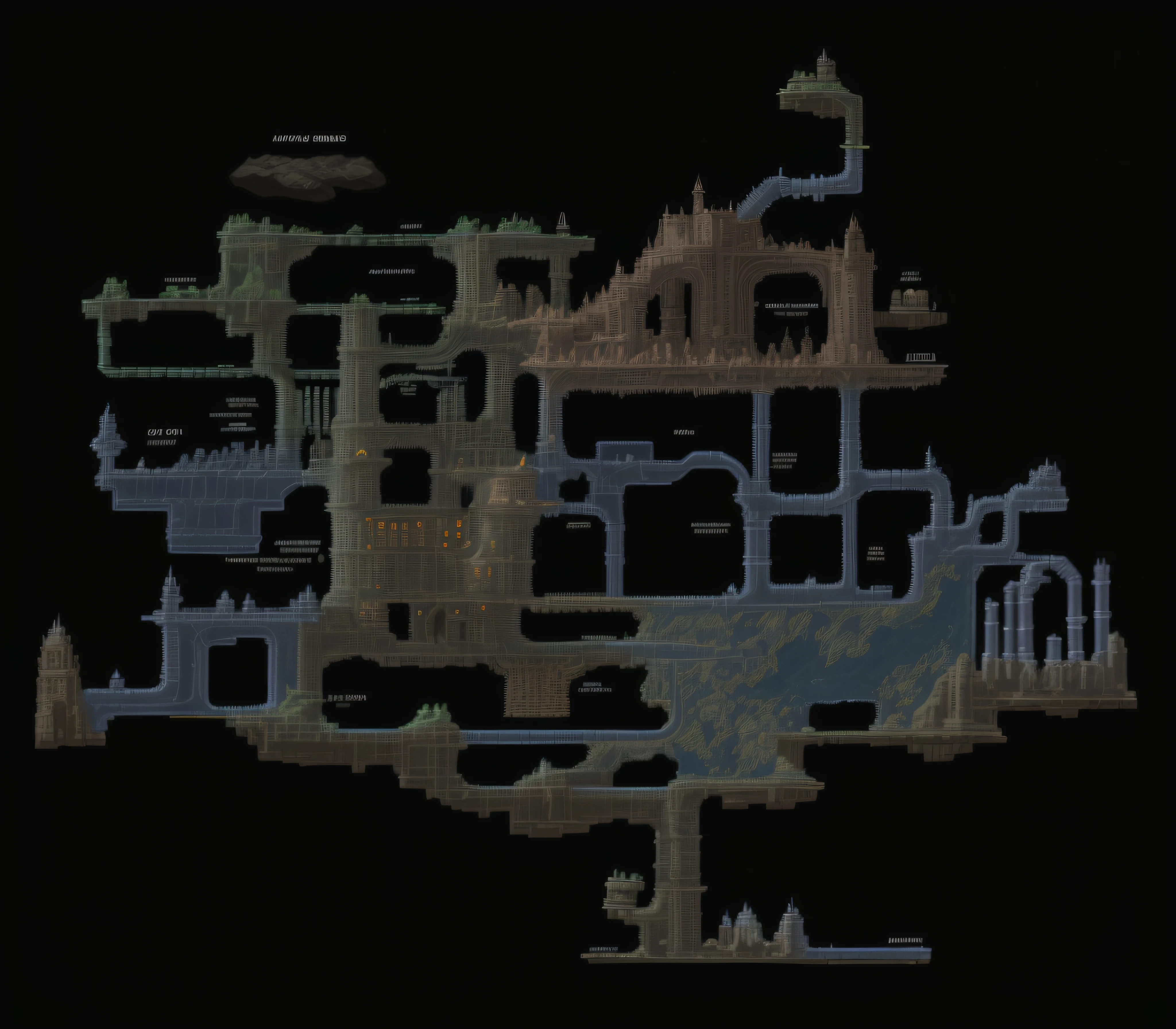 Close-up of a map of a city with a lot of pipes, dark sci - fi game map, Bloodborne chart, steam workshop maps, Source engine mapping, depth map, PlayStation 1 Era Graphics, videogame graphics, alien sedimentary schematic, 2 d depth map, Huge level structure, height map, Translucent Gribours, greebles