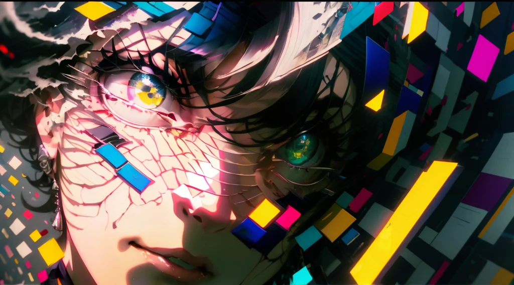 brightly colored squares surround a woman's face and her eyes, 4k highly detailed digital art, digital cyberpunk - anime art, digital cyberpunk anime art, digital artwork 4 k, anime style 4 k, digital art 4k unsettling, 4k detailed digital art, cyberpunk anime art, anime cyberpunk art, cyberpunk art style, ufotable art style