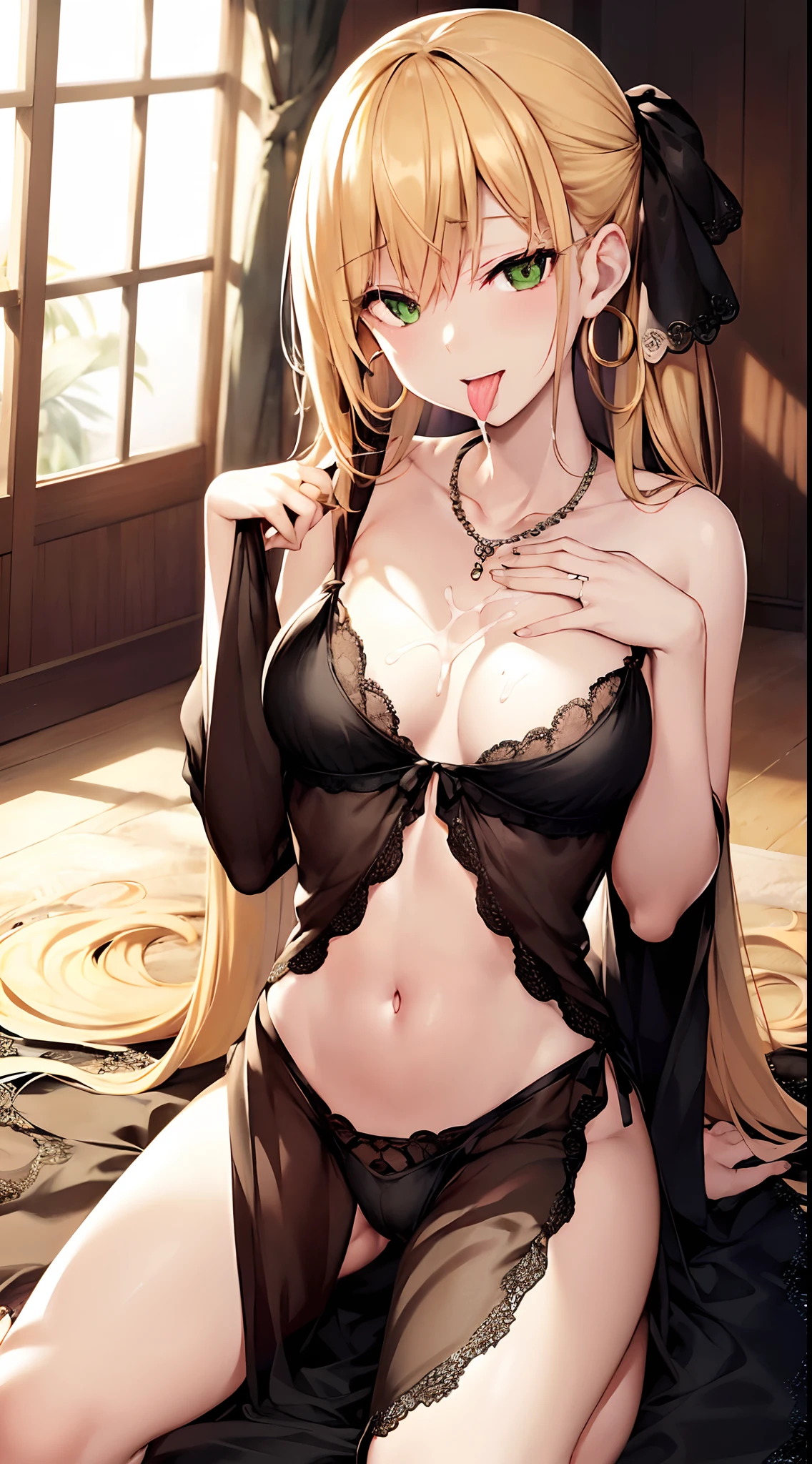 (masutepiece:1.4, Best Quality:1.2), (real picture, Intricate details), 1lady, Solo, NSFW,
appearance: (Chiquita:1.25), (slender:1.2), Green eyes, slender, Small breasts, flat chest, pupils heart, large pelvic, Sharp eyes, ((cum in mouth)) ,too much cum, ((Yor)), ((cum on tongue)), cum on hands, (cum on facial),
Clothing: Black nightgown:1.2,
Accessories: golden ring, Simple hoop earrings, shell necklace,
hair: Long blonde pubic area, hair messy, Hair Bow, Hair Ornament,
makeup: masacra, natural, Glowing skin,
location: Indoors, green bed
Behavior: Kneeling, After , Ahegao, Smile, Open mouth, tongue, Cupping hands, own hands together