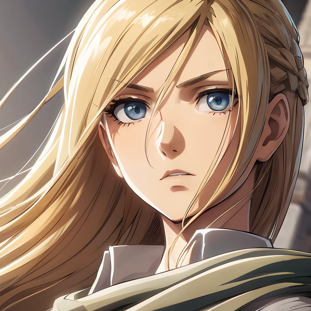 Attack on Titan Anime screencap of a female. She have blonde long hair and She's in scout regiment. eyes. He was wearing a scout robe in a titan-slashing pose.
Wit studio screencap