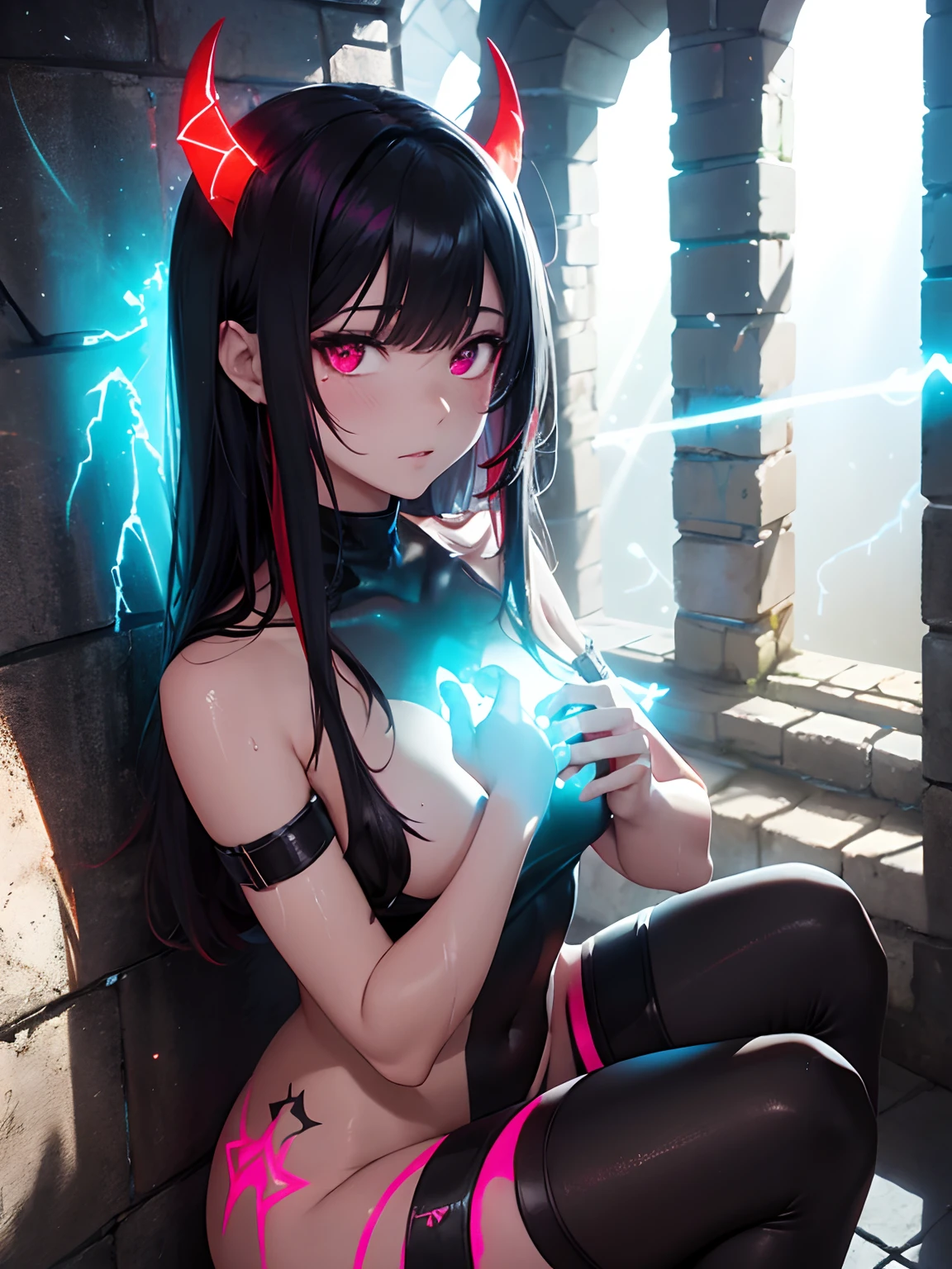 1girll, Adult woman, Succubus, Demon Girl, Black horns, Colored skin, Red skin, dark red skin, crouched, Blushlush, Naked, oiled body, Wet body, White wings, Angel wings, feathered wings, Black sclera:1.1, Silver hair, Pixiecut hair, Tail, Demon tail:1.3, heart-shaped tail, ((Masterpiece)), (Best quality), 8K, Ultra-detailed, hoang lap, Best quality, Intricate details, color difference, 1girll, Long hair, Black hair, Messy hair, red highlights, hair on one eye, Red eyes, Sharp eyes,angel, halo over her head, Angel wings, against a wall, brick walls, scribbles, (Glowing graffiti:1.2), (Glow tattoo 1.1), Glow, Neon lights, (rays of black light:1.4),