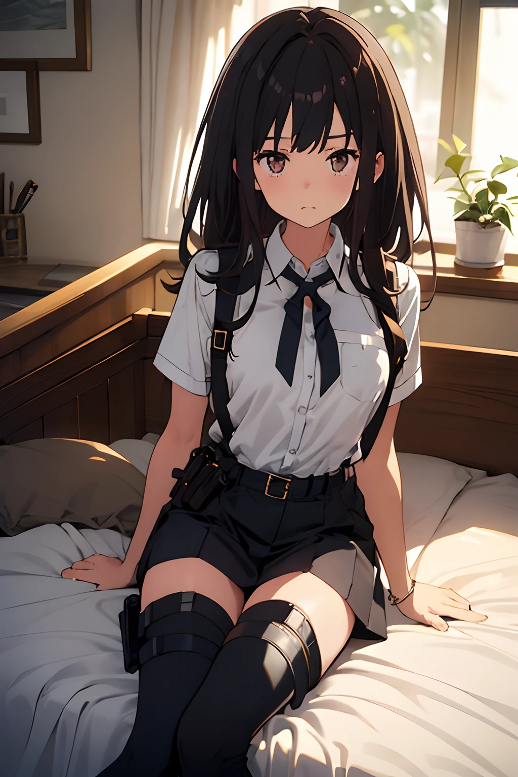 masterpiece、flat-colors、depth of fields、lens flare 1 girl、、Brown hair、watching at viewers black suspenders Bulging big breasts Armpit sweat perspiring Side of both hands walls: Black miniskirt garters Gaze Small face bangss flank holster Belt Armament Beautuful Women srestrained Hands behind your back On the bed Sleep in a leg holster bed Pants in the gap 20hindquarters