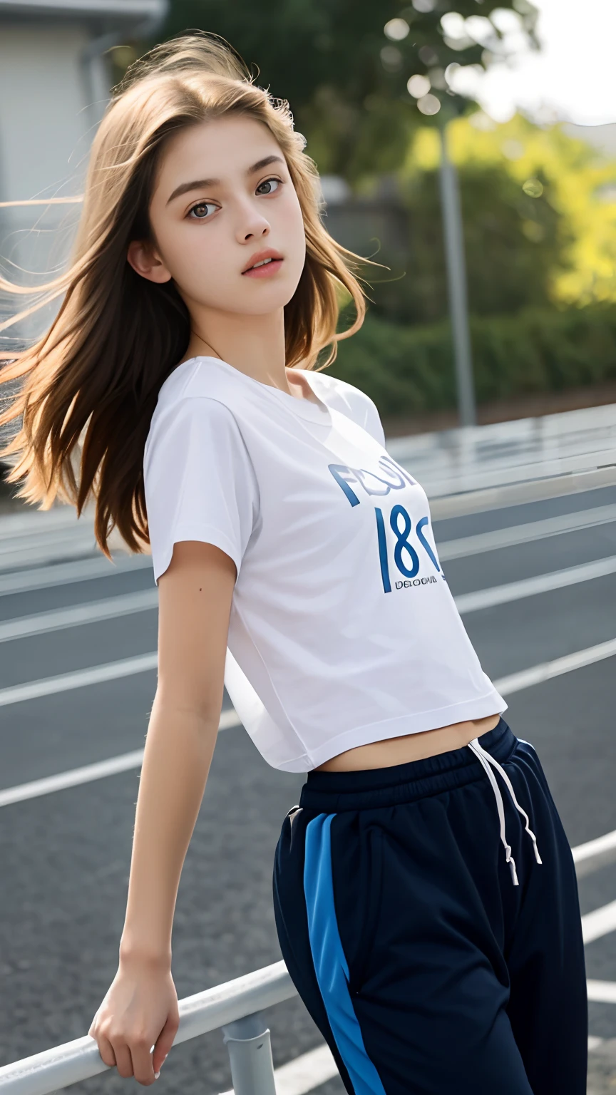 -teen, European,nde, Small breasts, Big eyes, Long legs, T-shirt, track pants, flip-flops, Extremely low angle shot, ray tracing, HDR