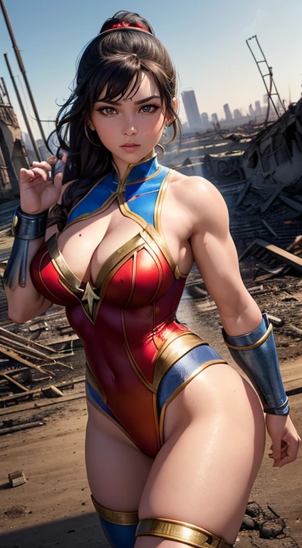 Chun li como Wonder Woman, DC Quadrinhos, Extremamente realista,8K mais detalhado.Motor irreal:1.4,UHD,melhor qualidade:1.4, fotorrealista:1.4, textura da pele:1.4, obra prima:1.8,obra-prima, melhor qualidade,Objeto de objeto], (detailed face features:1.3),(manos Detalhado:1.4),(Apocalyptic Destroyed City Al:1.4)