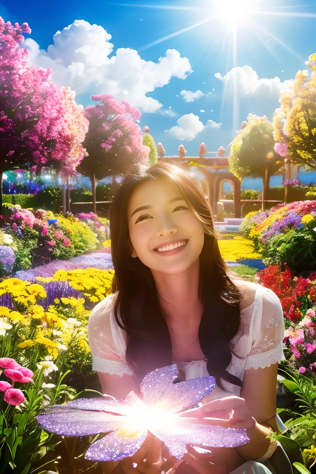 Heaven, Heaven, light, brilliance, Happiness, Bright smile, Glitter, Flowers, Flower Garden, Halo, Clouds
