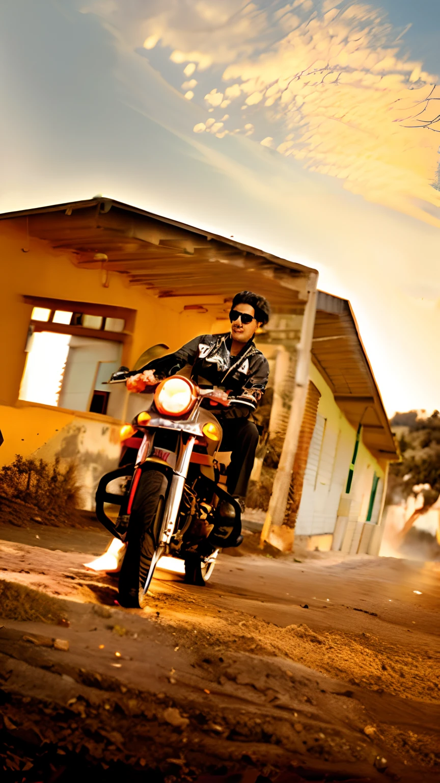 there is a man riding a motorcycle on a dirt road, cinematic shoot, stylish pose, jayison devadas style, inspired by Saurabh Jethani, * colour splash *, edited in photoshop, cinematic movie still, with a cool pose, cool pose, vijay jayant props, photoshoot, !! low contrast!!, background blur, mohamed chahin style, vfx shot