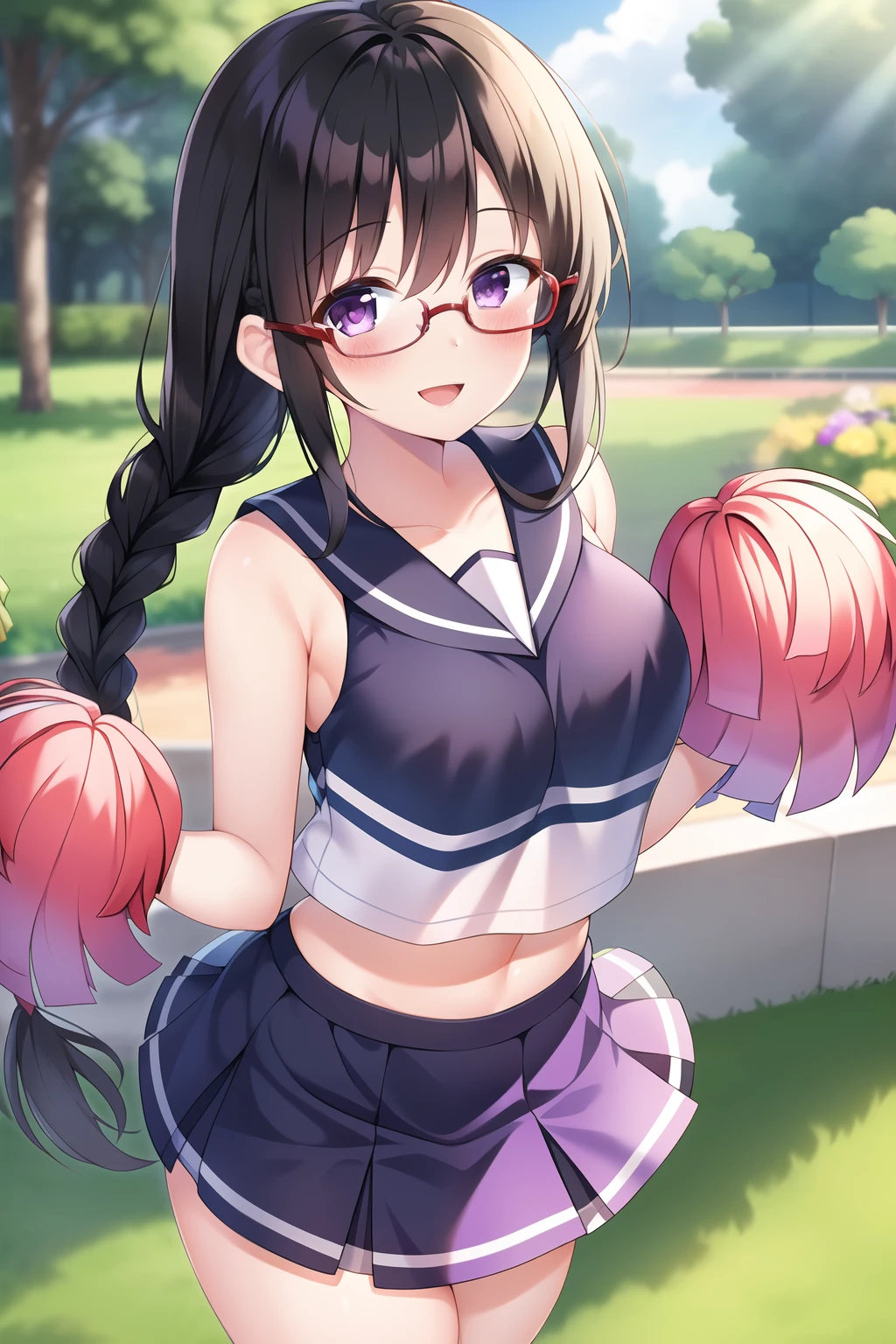 masterpiece, 1girl, (black hair), (braid), (purple eyes), (glasses), (looking at viewer:1.1), (smile), (:d), (Intricate Iris Details:1.2), (blush), (cheerleader), (standing), outdoor