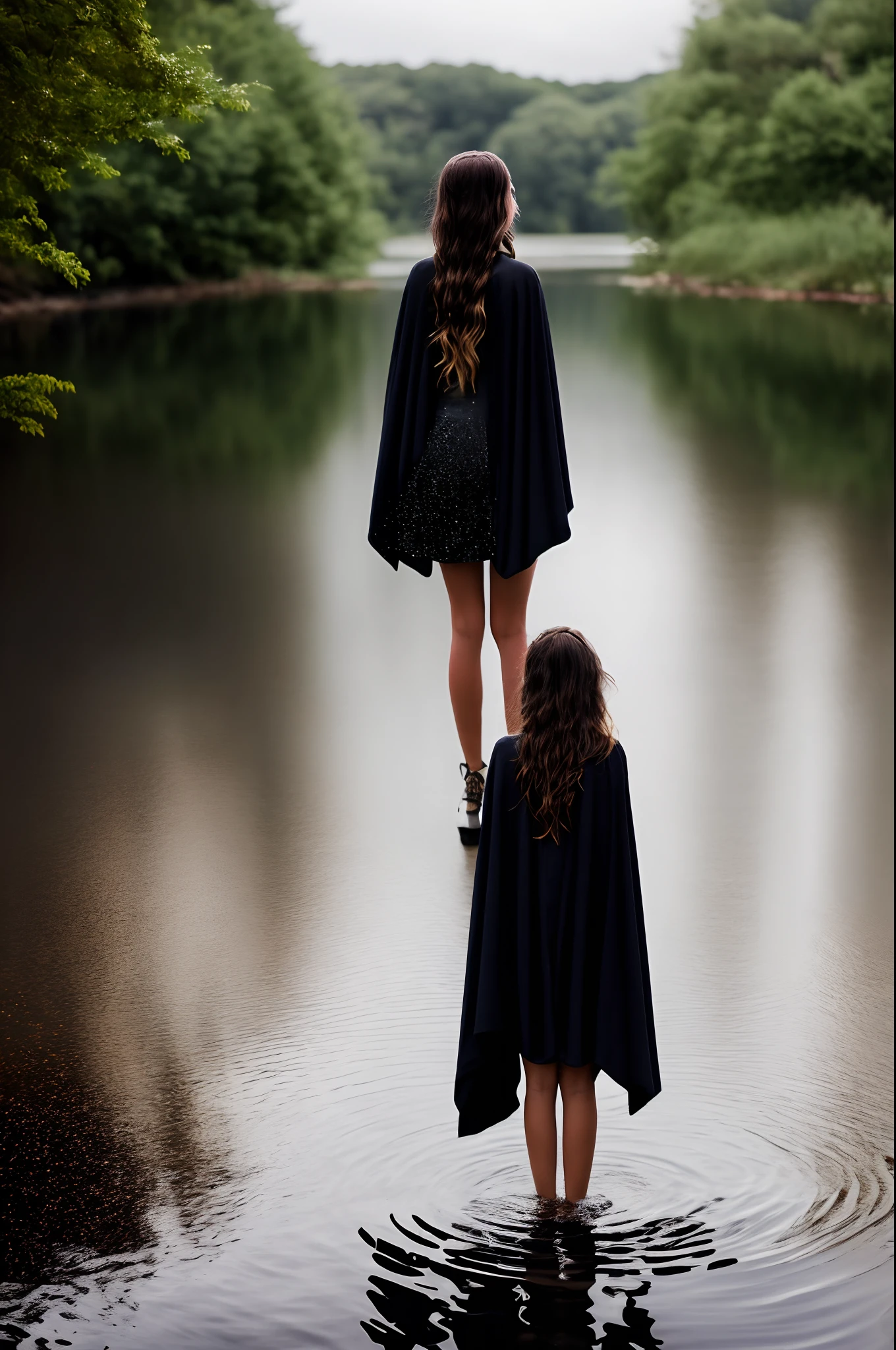 （silver-white long hair）（Golden, starry eyes）teens girl（Wearing a black cape）Stand on a stretch of water，（It was pitch black in the sky with a few stars）（There was a golden ball of light flowing down the water）